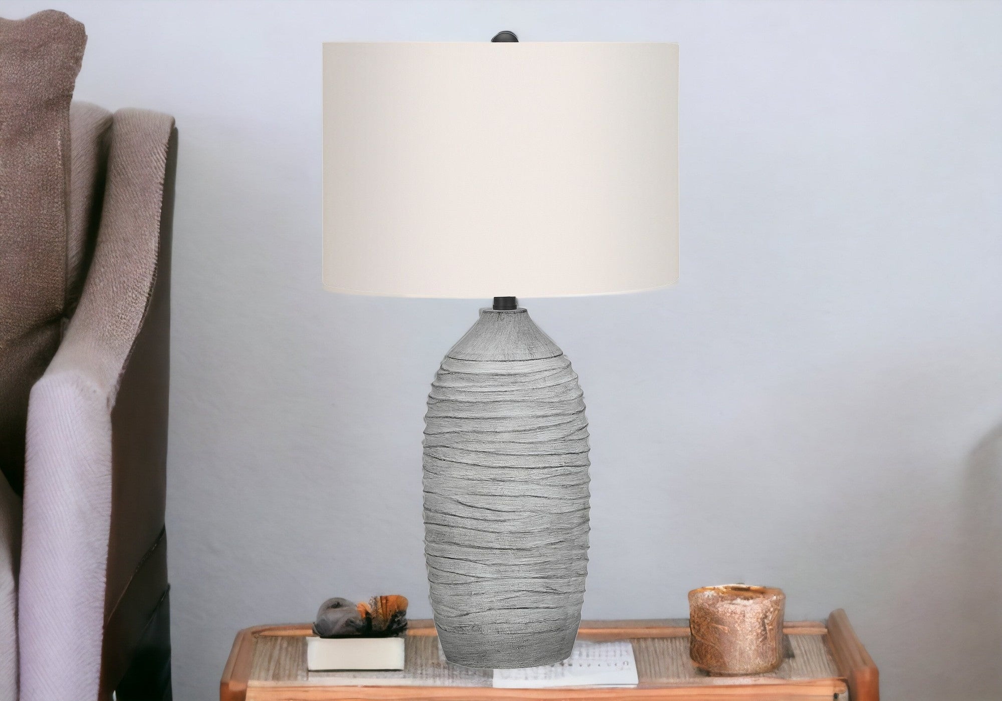 27'' Gray Cylinder Table Lamp With Ivory Drum Shade