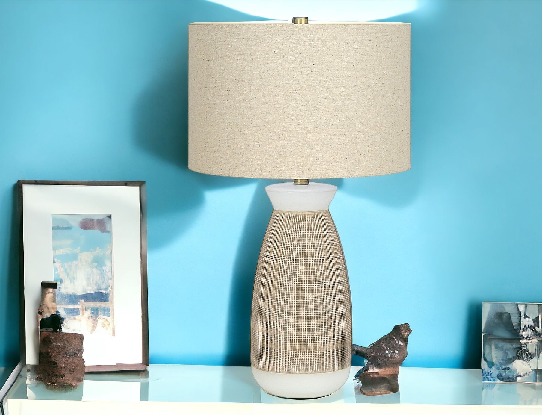 27'' Brown And White Ceramic Round Table Lamp With Beige Drum Shade