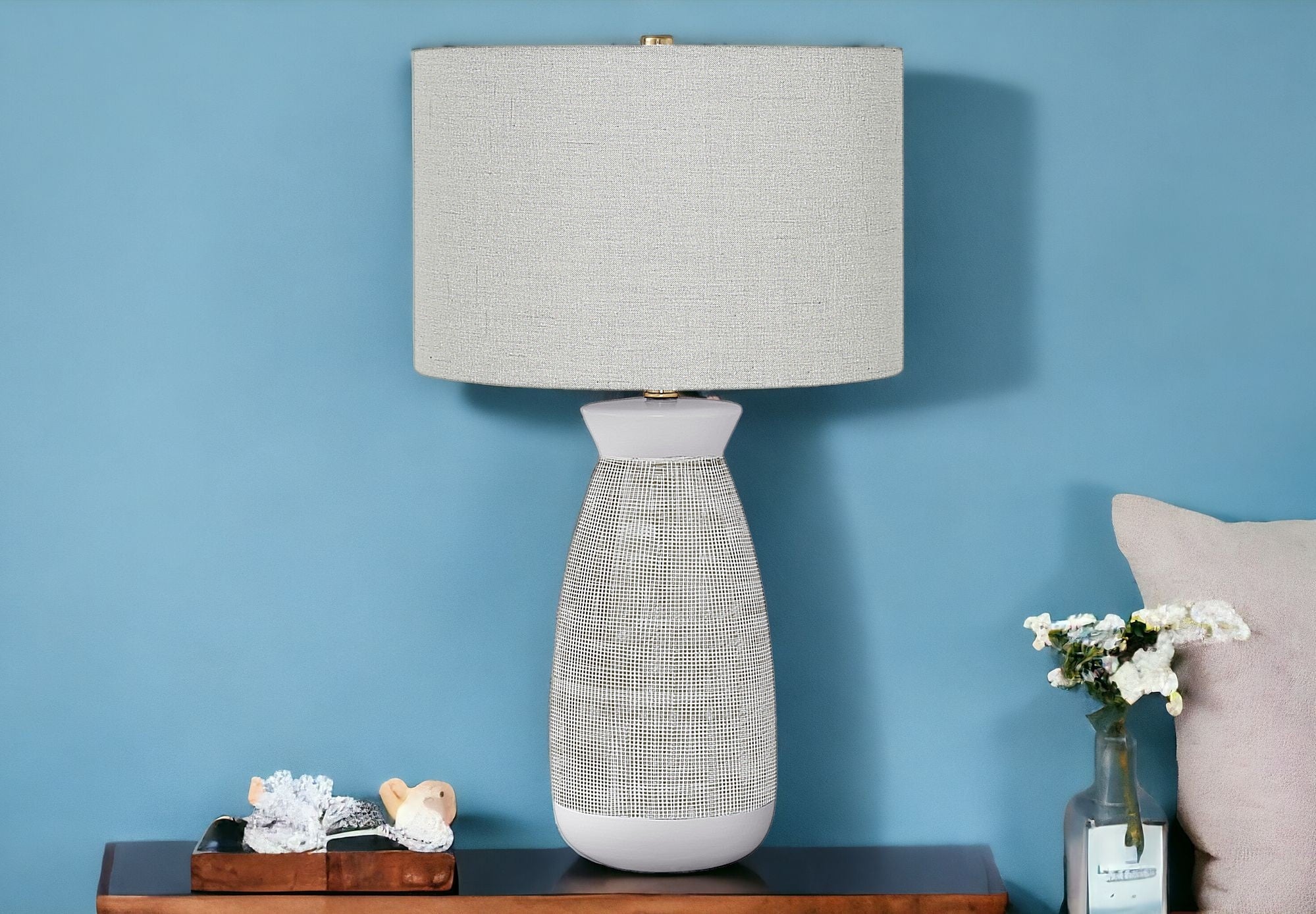 27'' Gray And White Ceramic Round Table Lamp With Gray Drum Shade