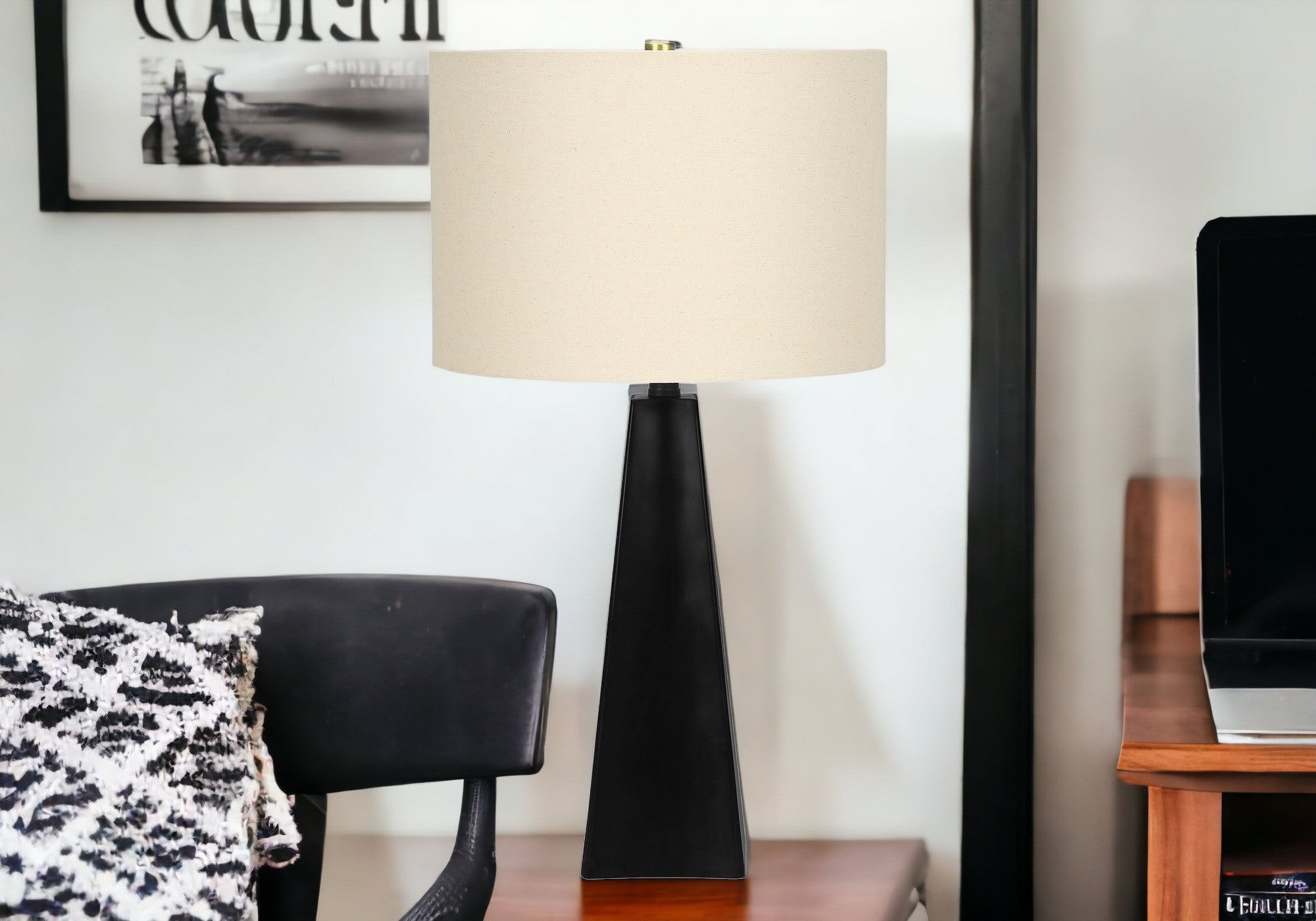27'' Black Geometric Table Lamp With Beige Drum Shade