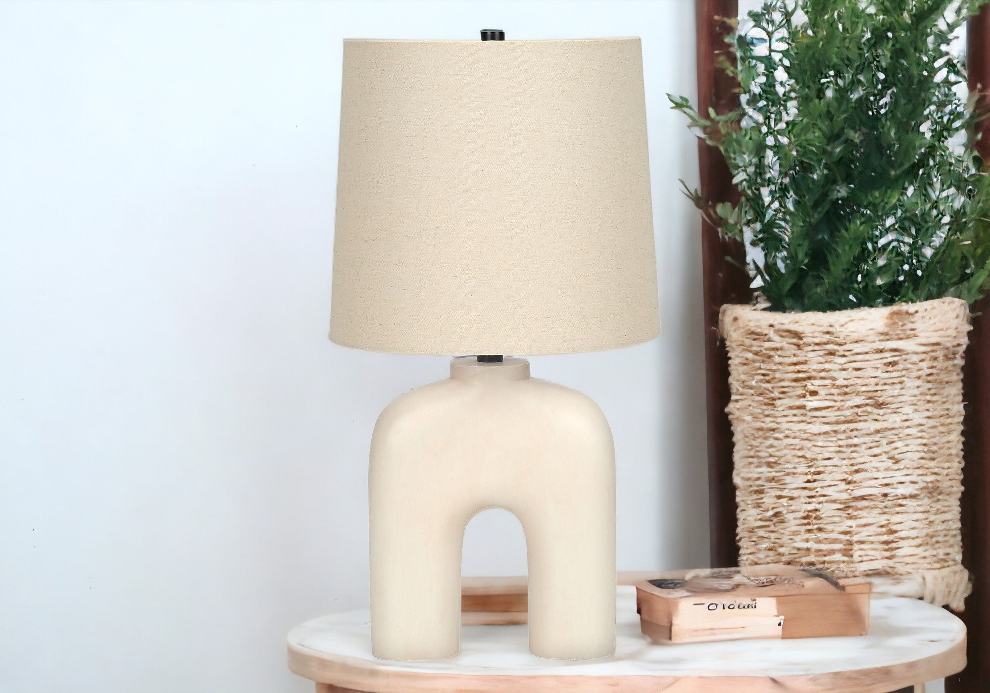 25'' Cream Geometric Table Lamp With Beige Empire Shade