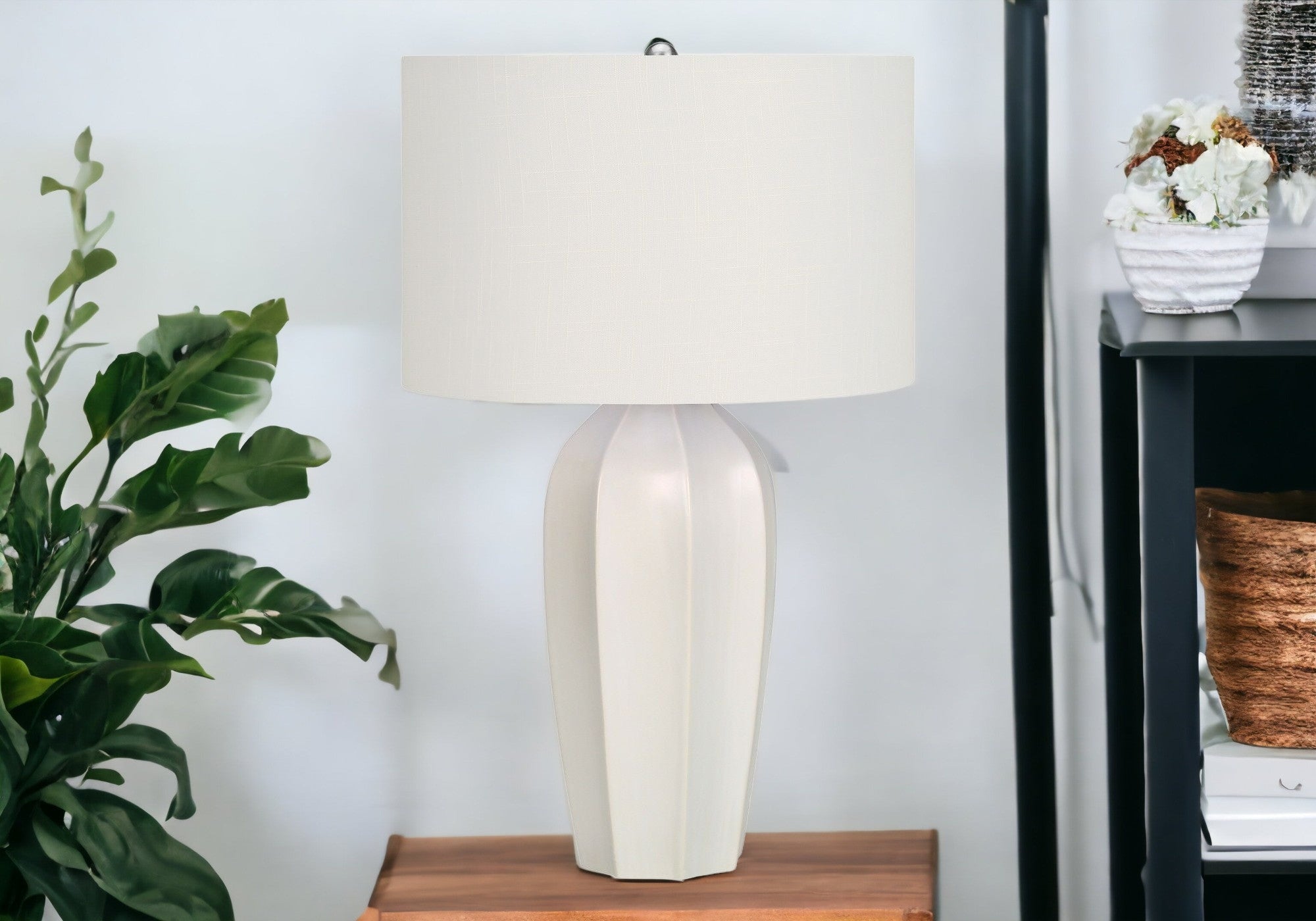 27'' Cream Ceramic Geometric Table Lamp With Cream Drum Shade