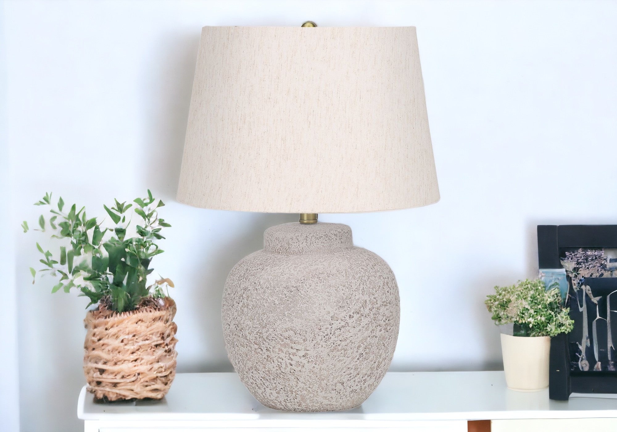 22'' Cream Concrete Urn Table Lamp With Cream Abstract Empire Shade