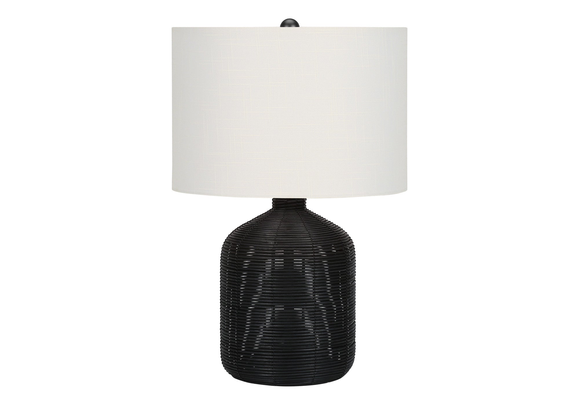 23'' Black Rattan Round Table Lamp With Ivory Drum Shade