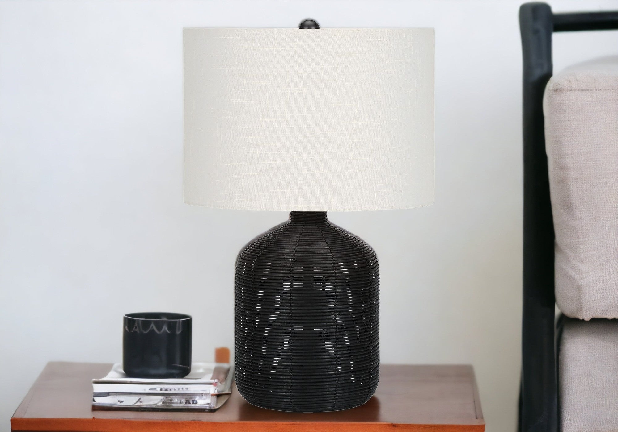 23'' Black Rattan Round Table Lamp With Ivory Drum Shade
