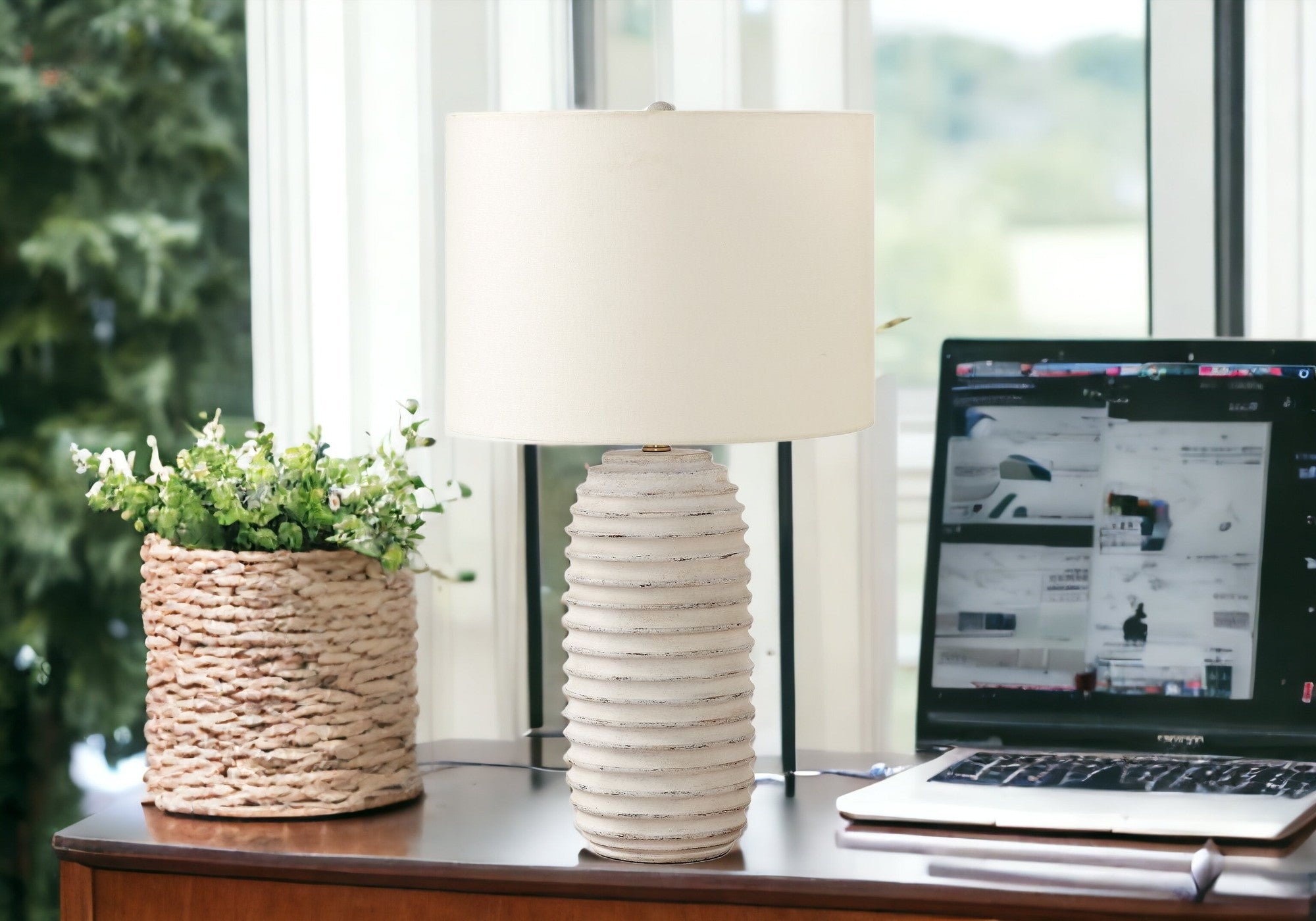 28'' Cream Geometric Table Lamp With Cream Drum Shade