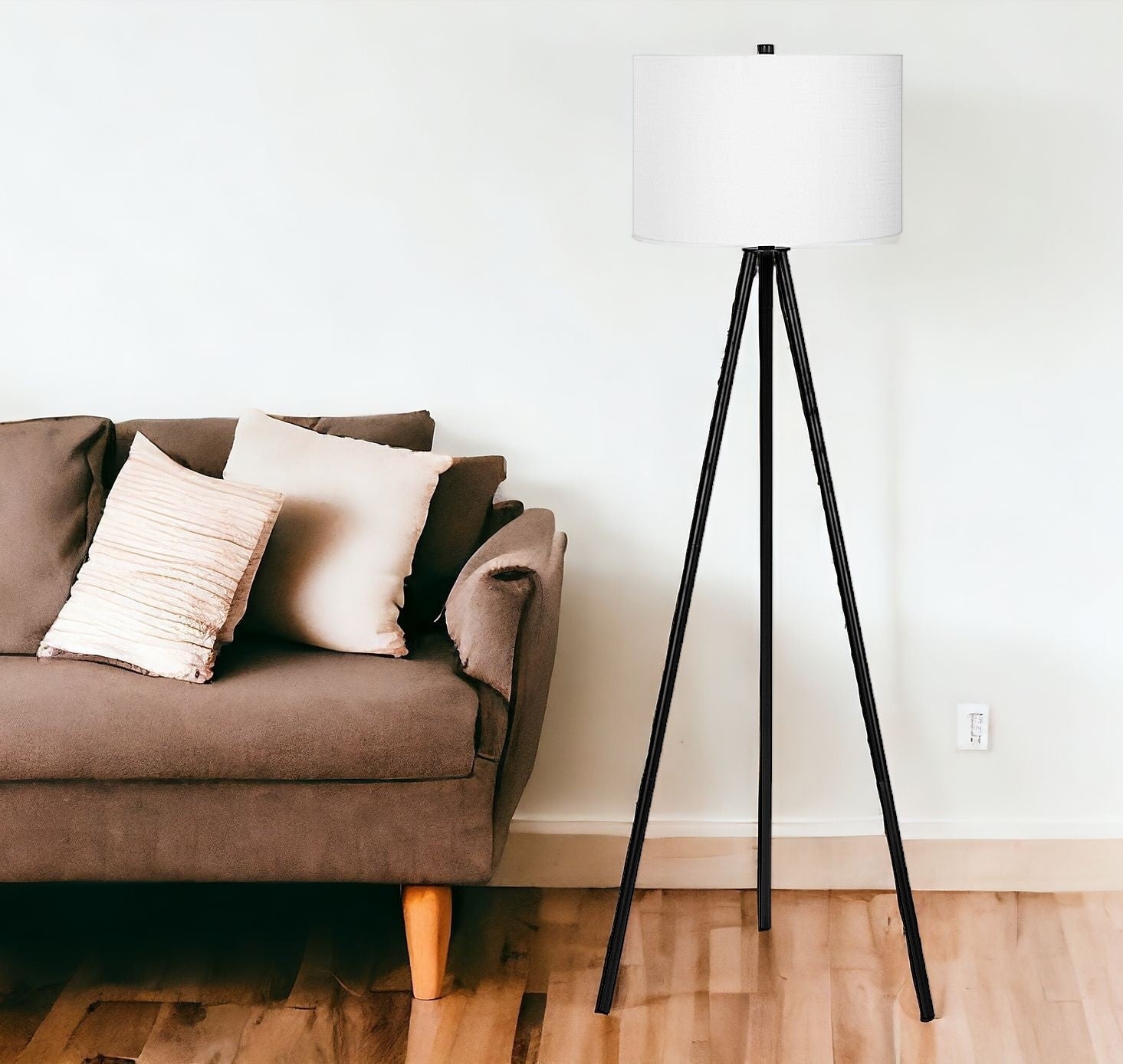 63'' Matte Black Floor Lamp with Cream Drum Shade