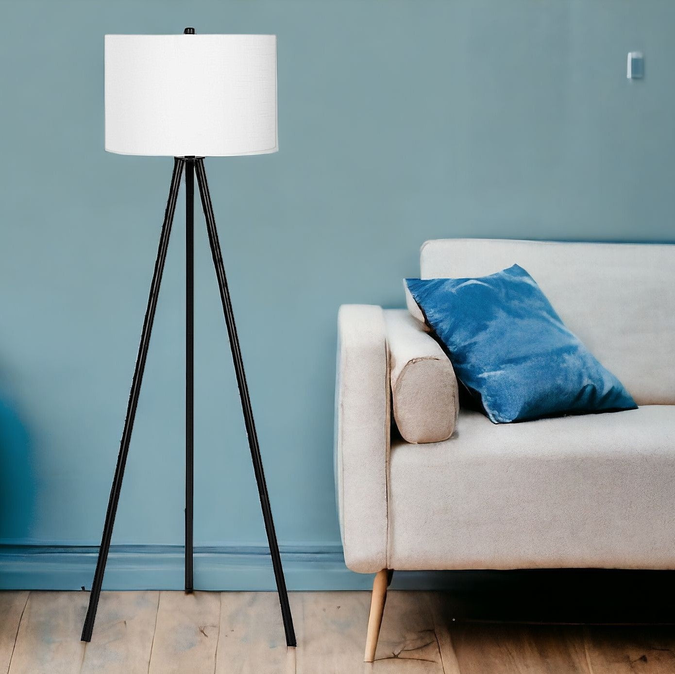 63'' Matte Black Floor Lamp with Cream Drum Shade