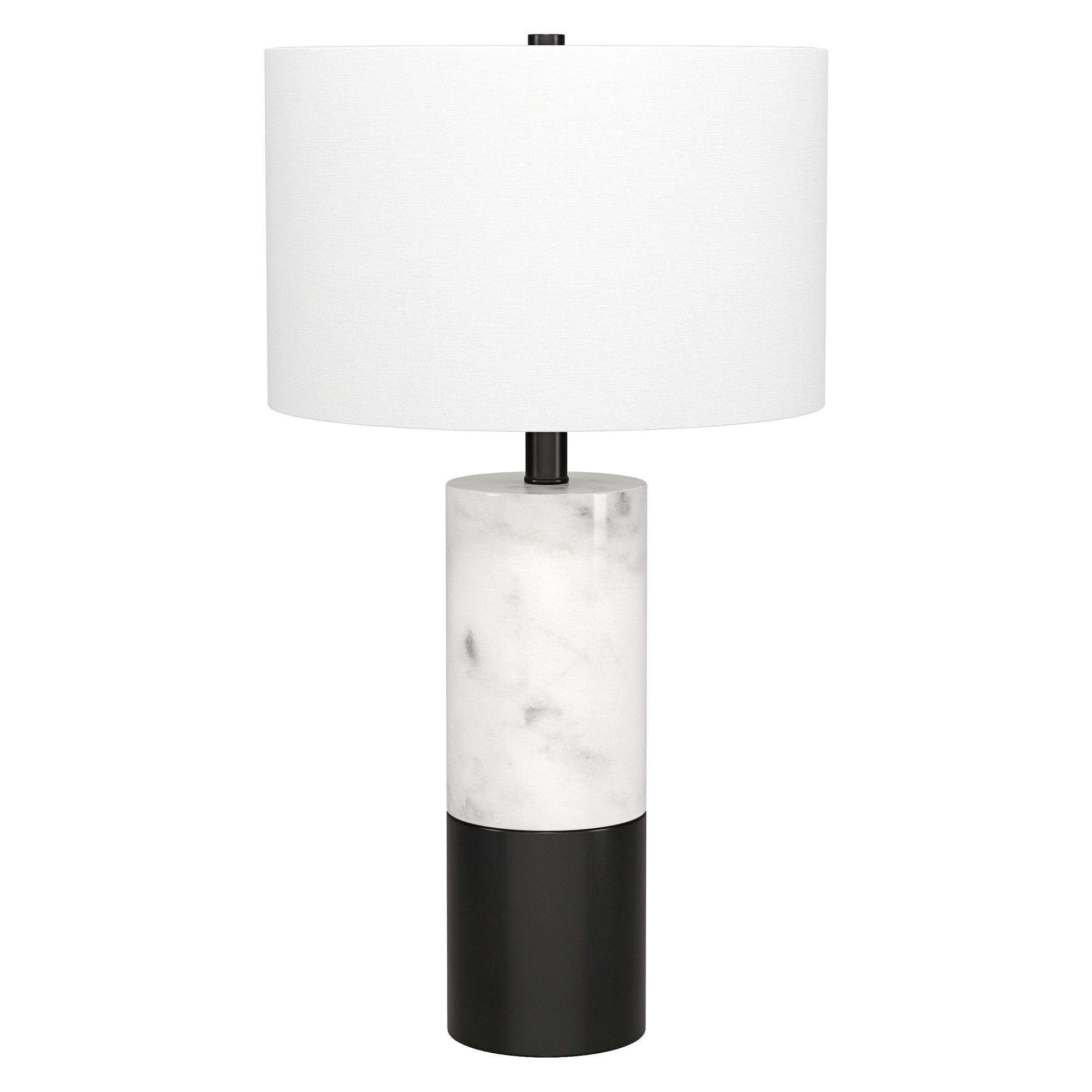 24'' Black And White Marble And Metal Cylinder Table Lamp With White Drum Shade
