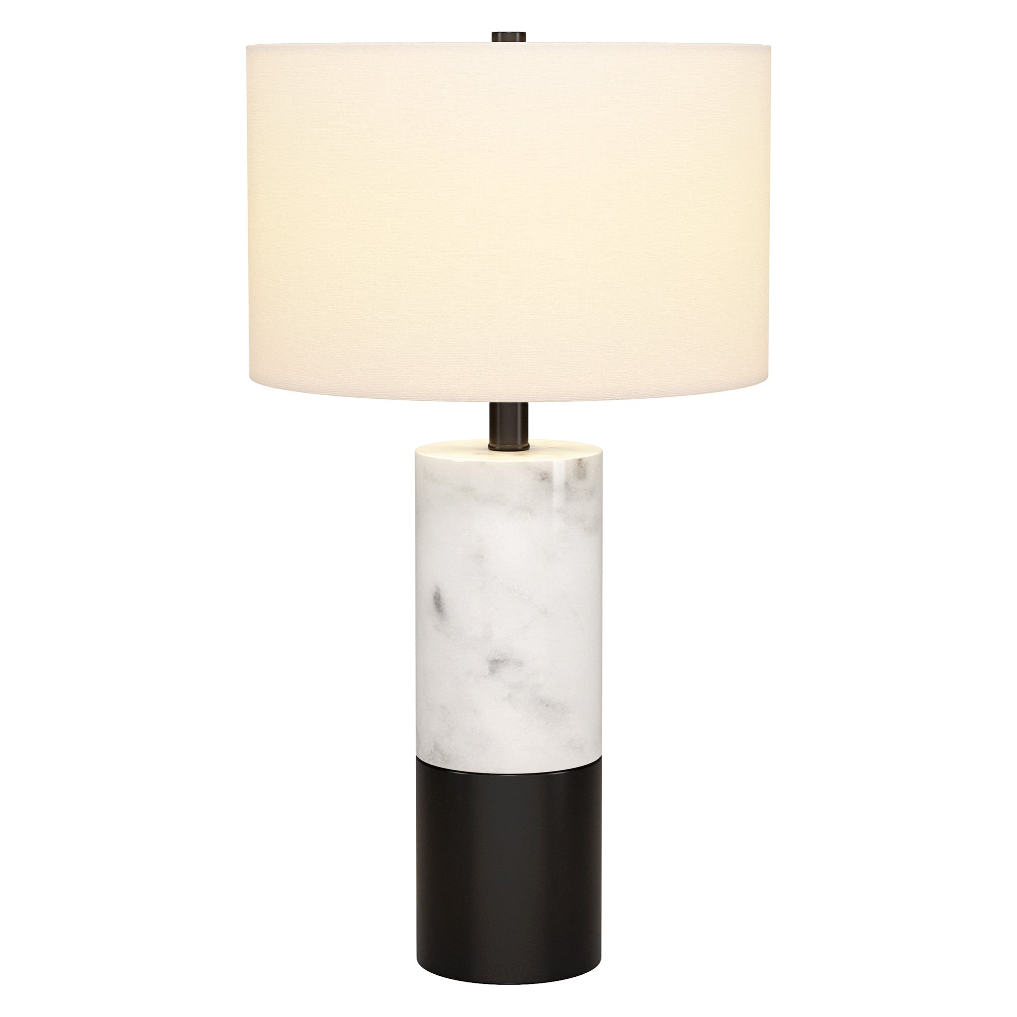 24'' Black And White Marble And Metal Cylinder Table Lamp With White Drum Shade