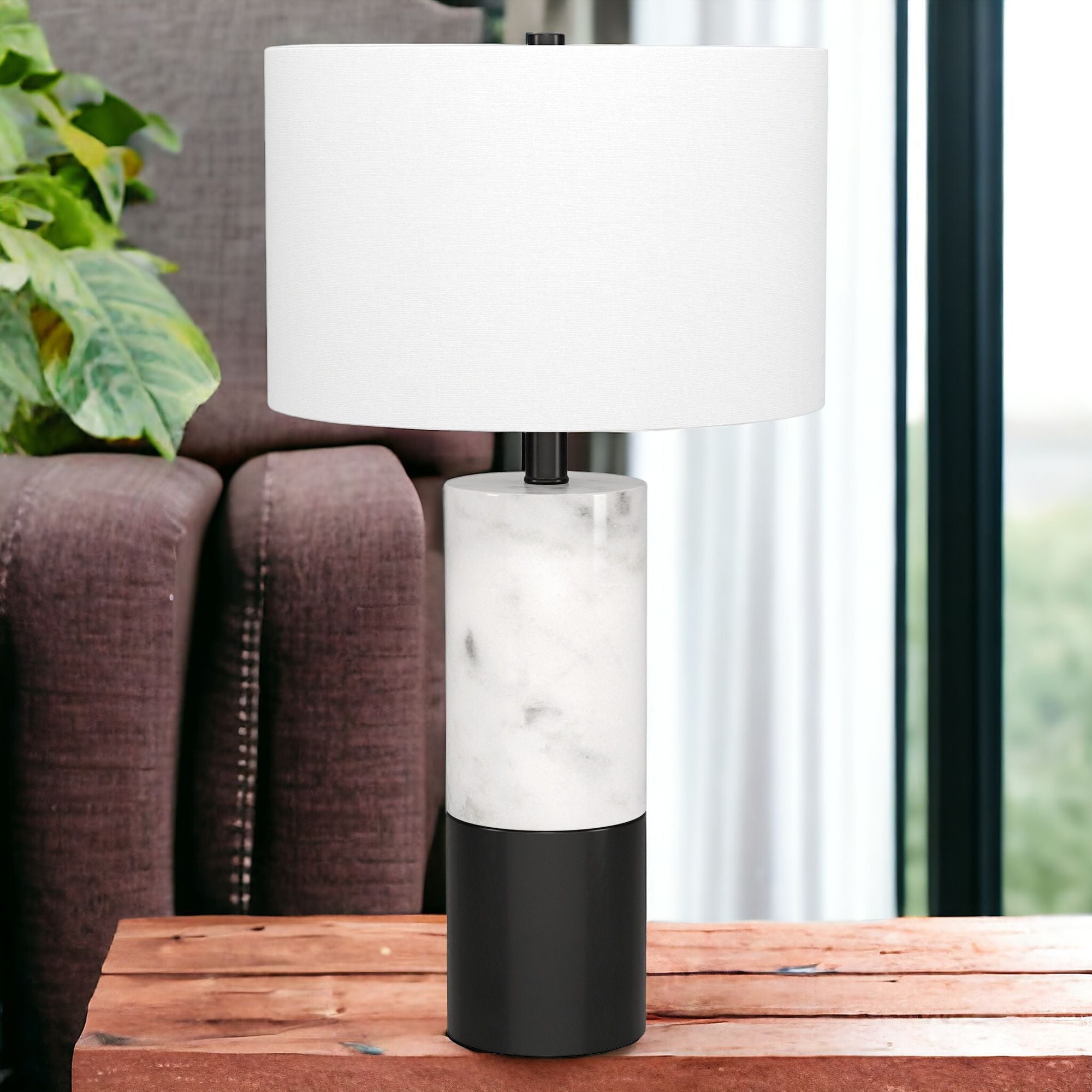 24'' Black And White Marble And Metal Cylinder Table Lamp With White Drum Shade