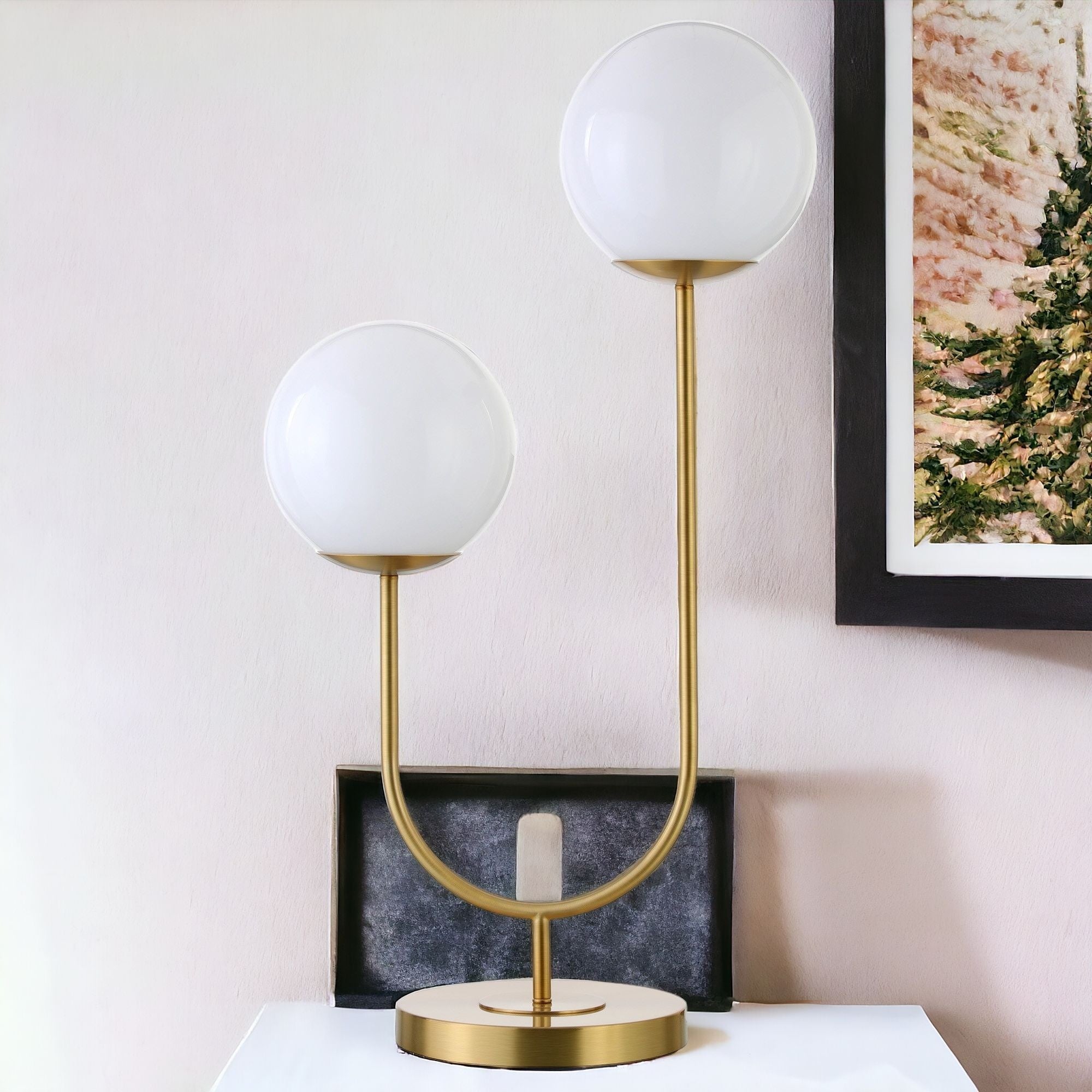 28'' Gold Metal Two Light Novelty Table Lamp With White Globe Shade
