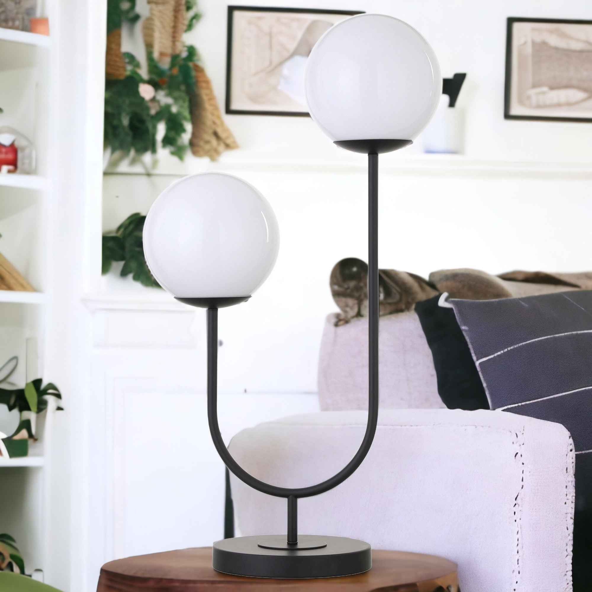 28'' Black Metal Two Light Novelty Globe Table Lamp With White Globe Shade