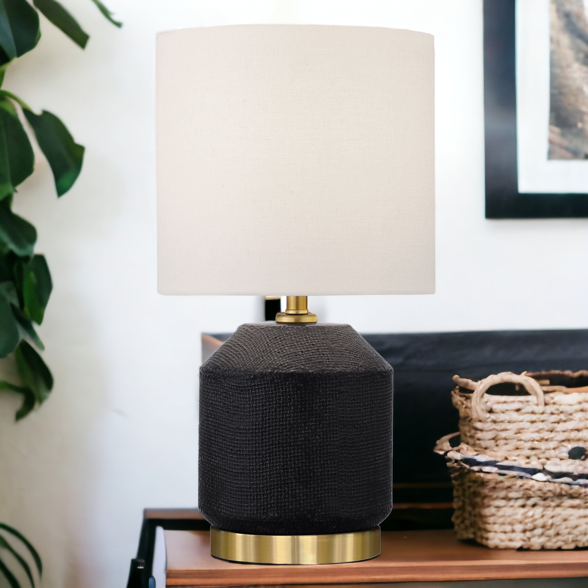 15'' Black And Gold Ceramic Cylinder Table Lamp With White Drum Shade