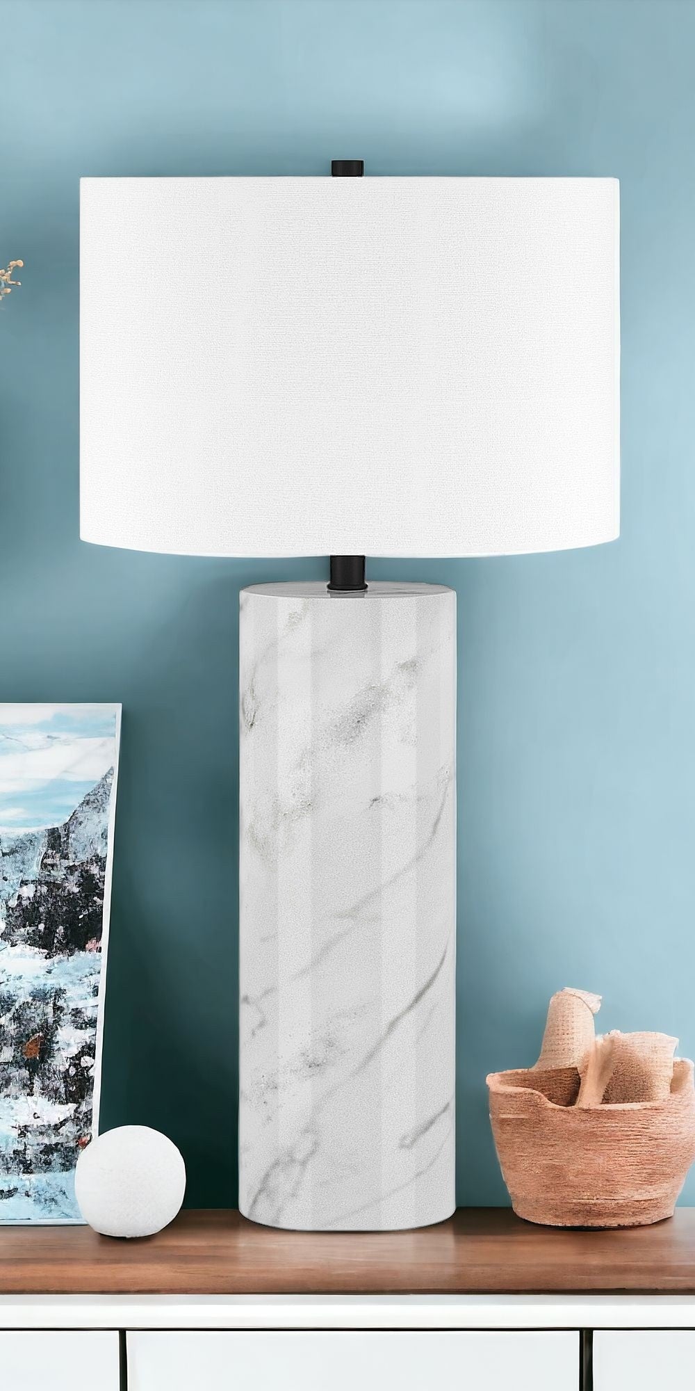 30'' White Marble Cylinder Table Lamp With White Drum Shade