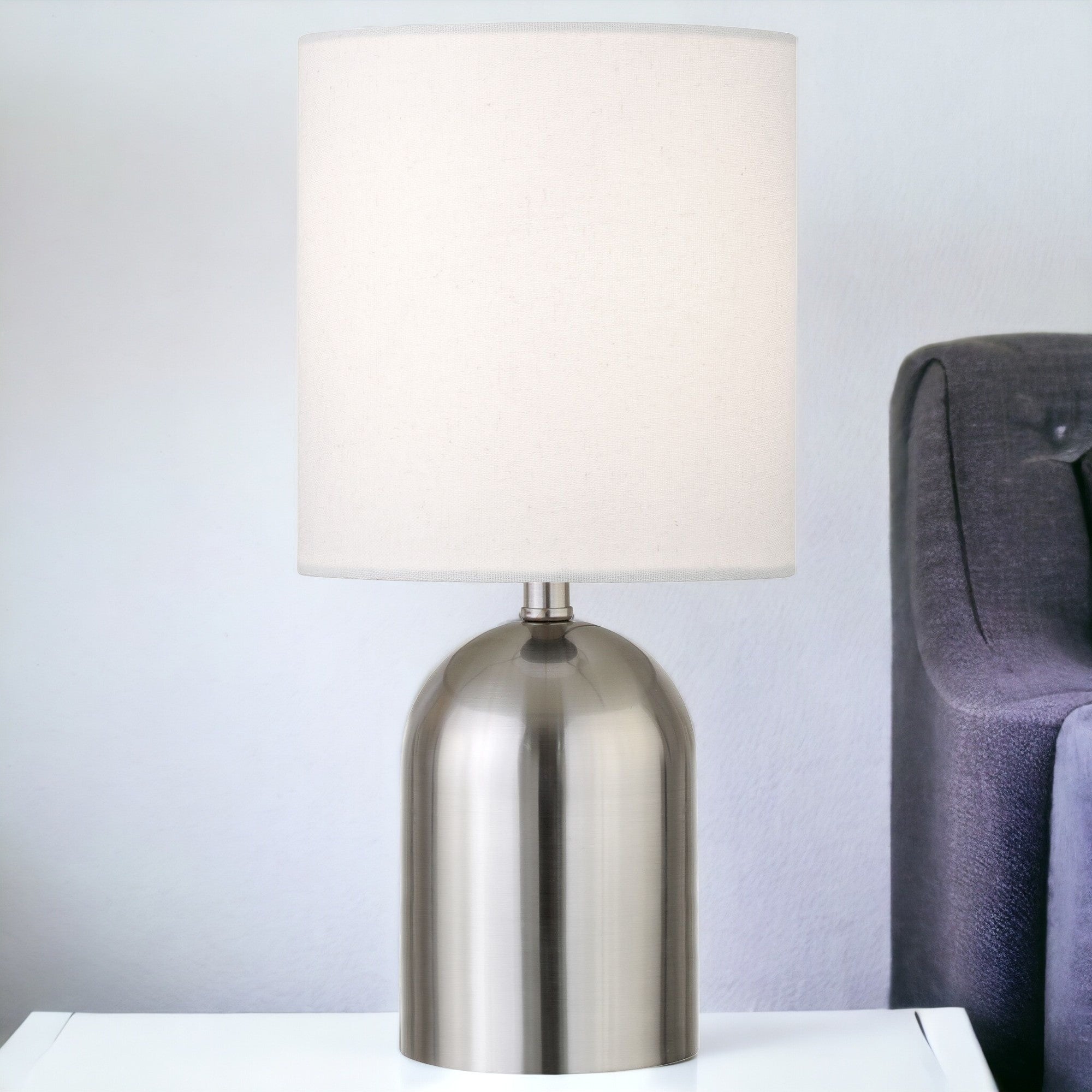 13'' Silver Metal Cylinder Table Lamp With White Drum Shade