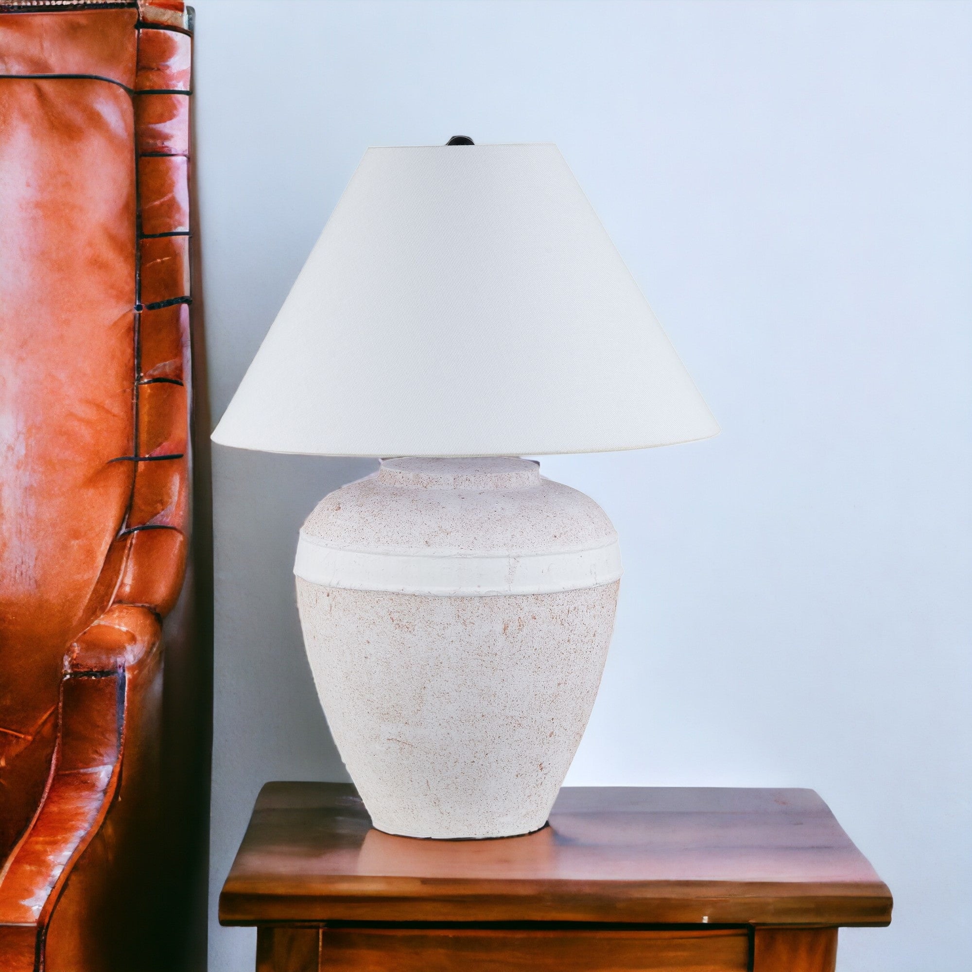 23'' Red And White Ceramic Urn Table Lamp With White Cone Shade