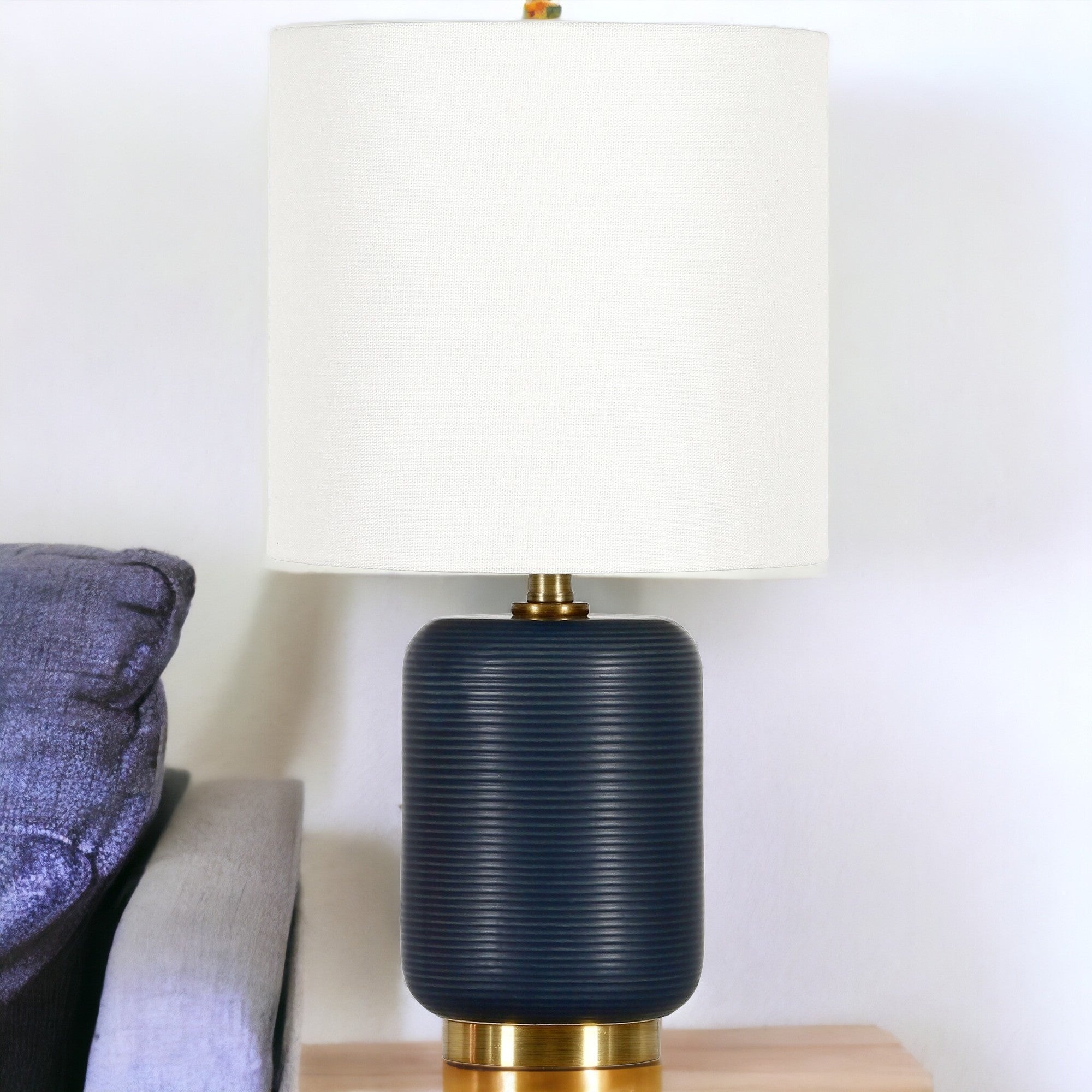 15'' Blue And Gold Ceramic Cylinder Table Lamp With White Drum Shade
