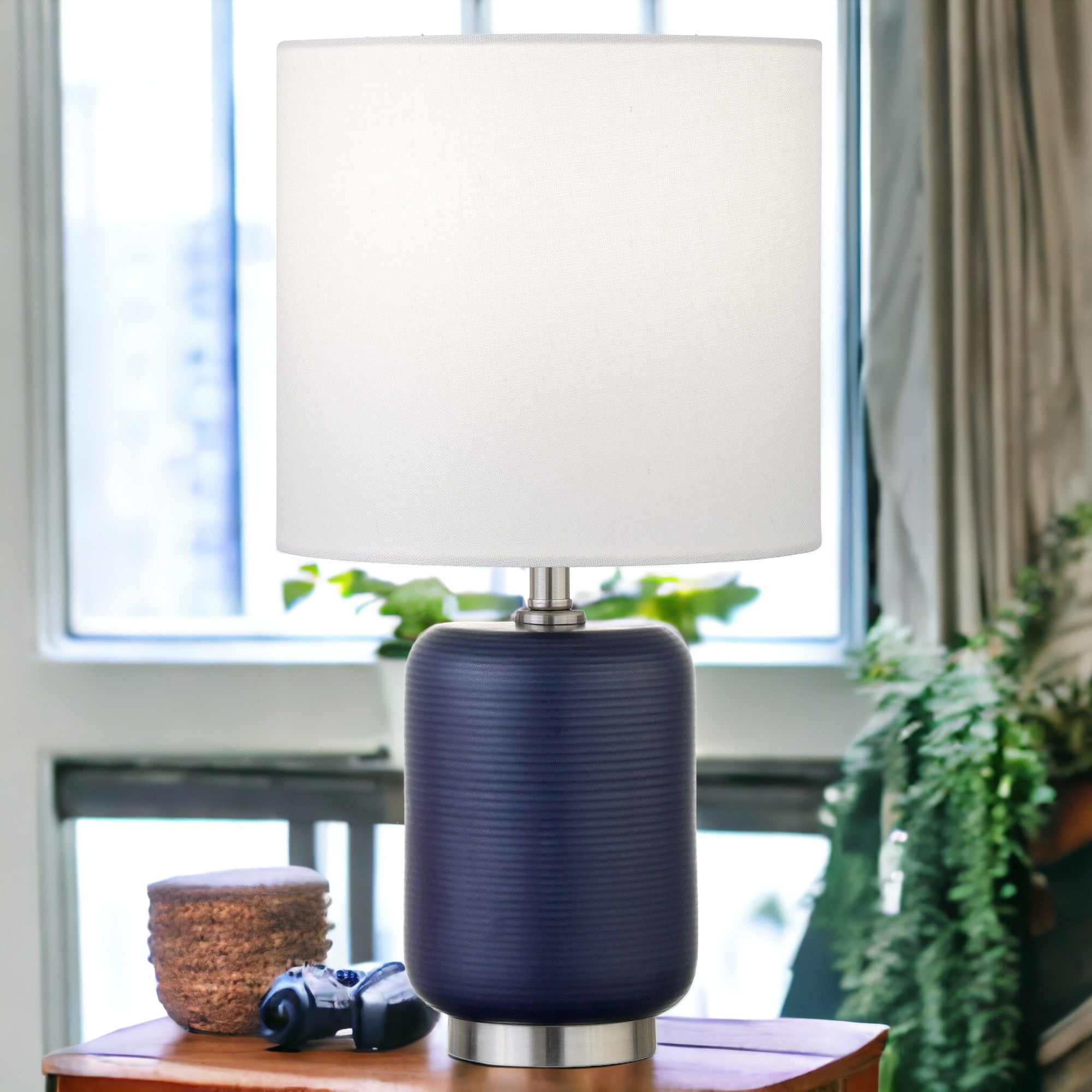 15'' Blue And Silver Ceramic Cylinder Table Lamp With White Drum Shade