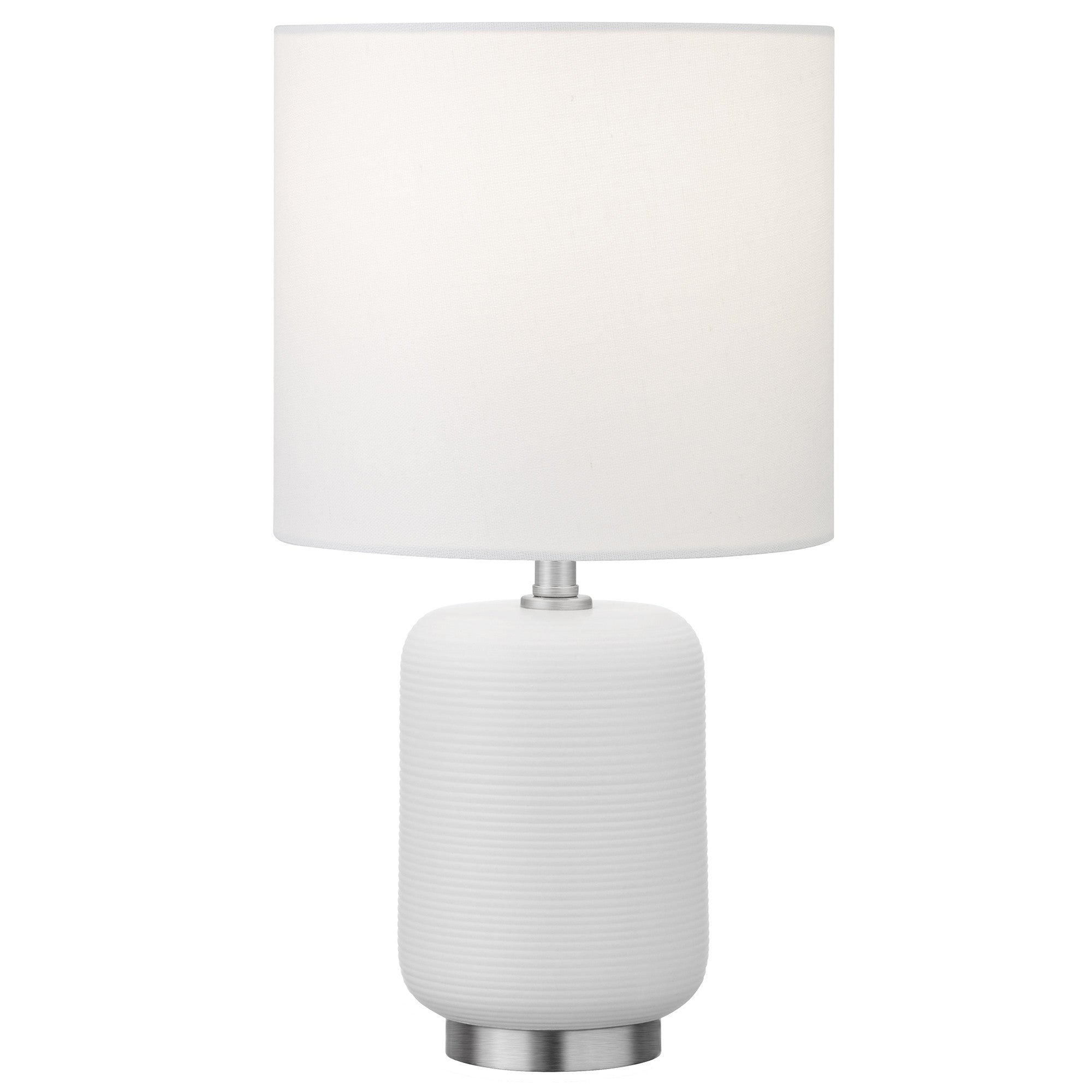 15'' White And Silver Ceramic Cylinder Table Lamp With White Drum Shade