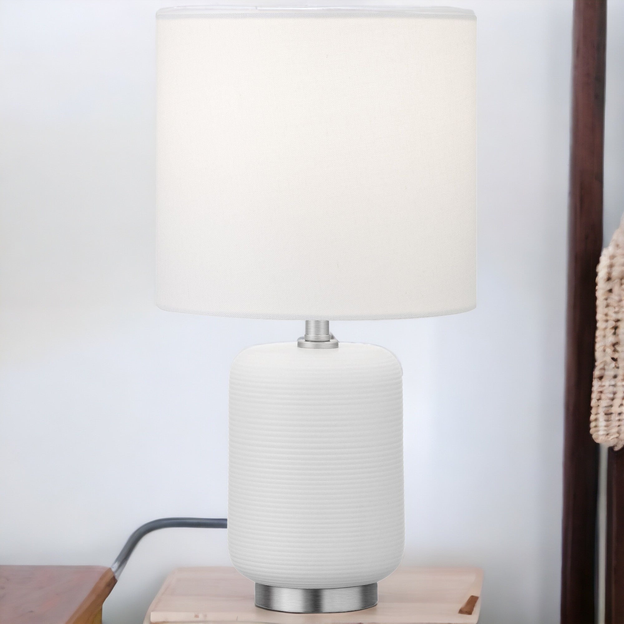 15'' White And Silver Ceramic Cylinder Table Lamp With White Drum Shade