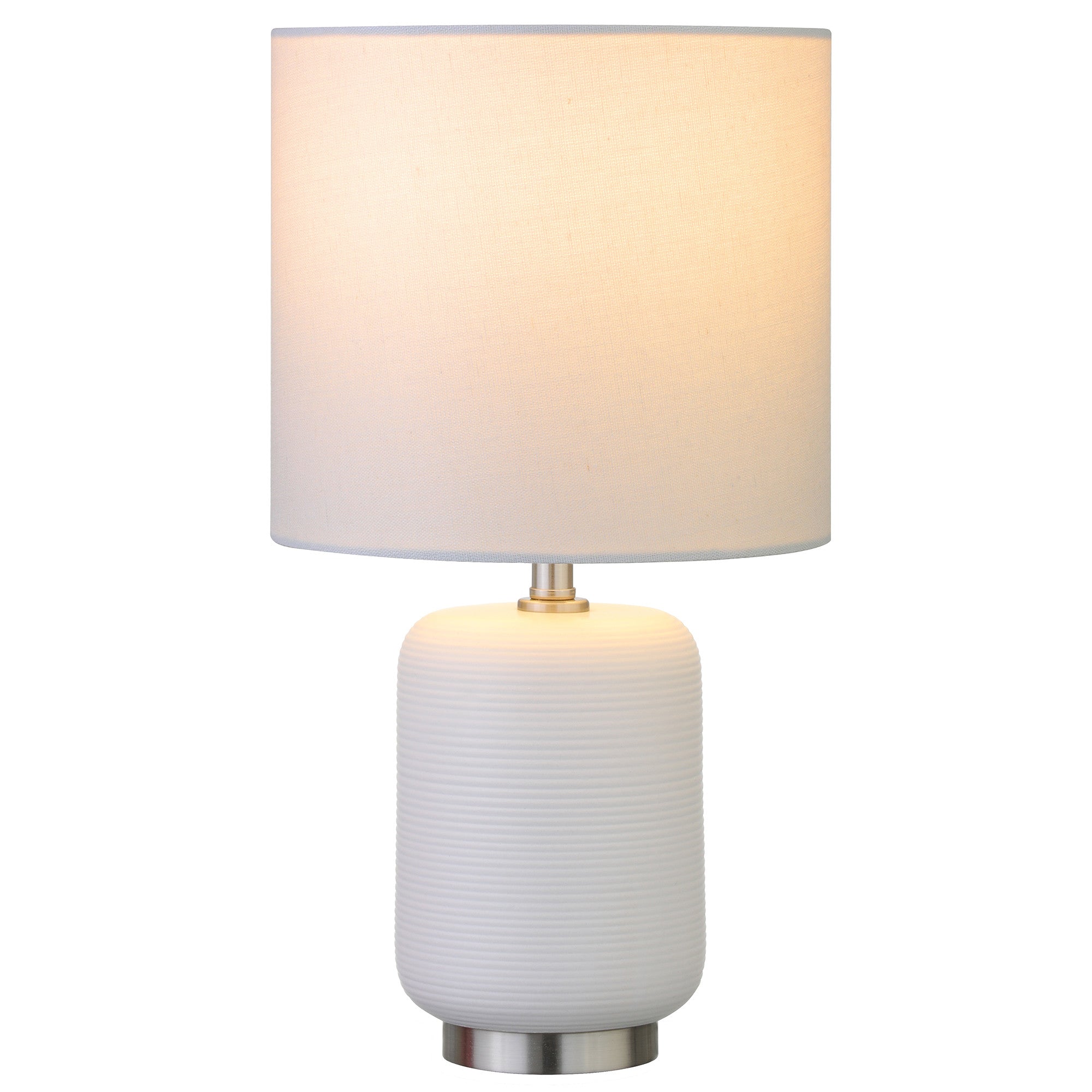 15'' White And Silver Ceramic Cylinder Table Lamp With White Drum Shade