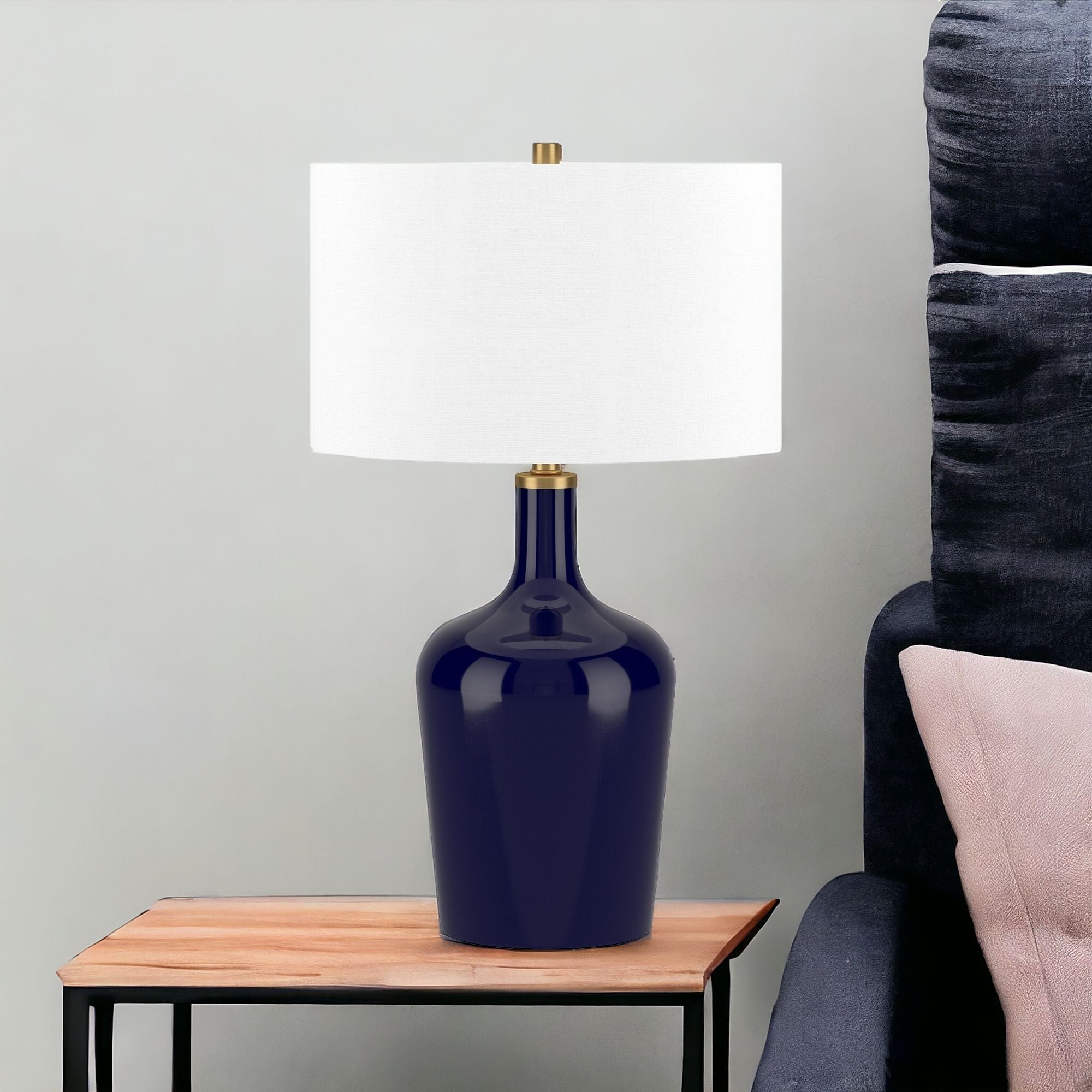 25'' Blue Glass Urn Table Lamp With White Drum Shade