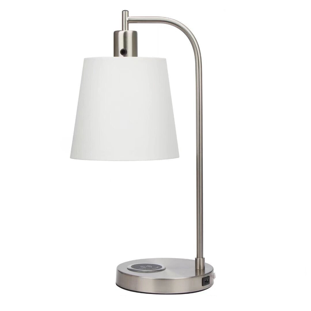 20 Nickel Metal Round USB Table Lamp With White Empire Shade