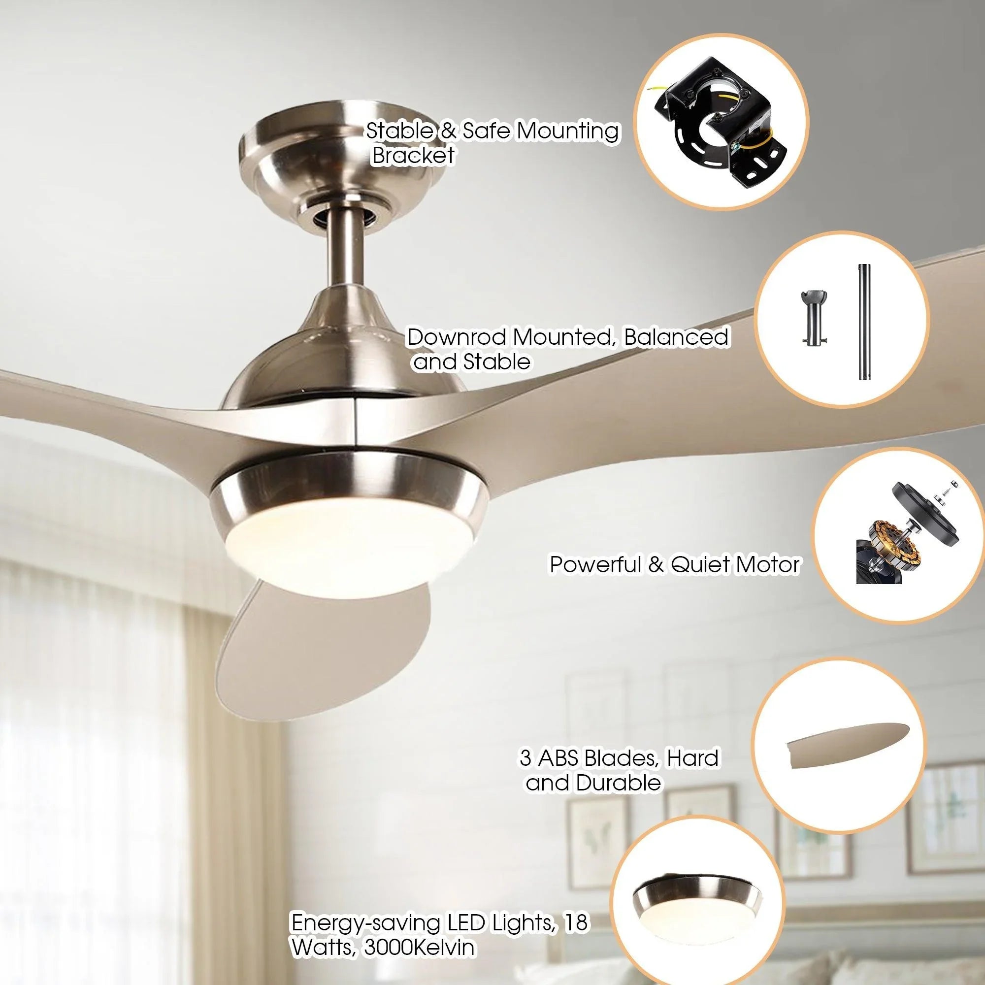 56" Bernardino Indoor Brushed Nickel Downrod Mount Chandelier Ceiling Fan with Light Kit And Remote Control