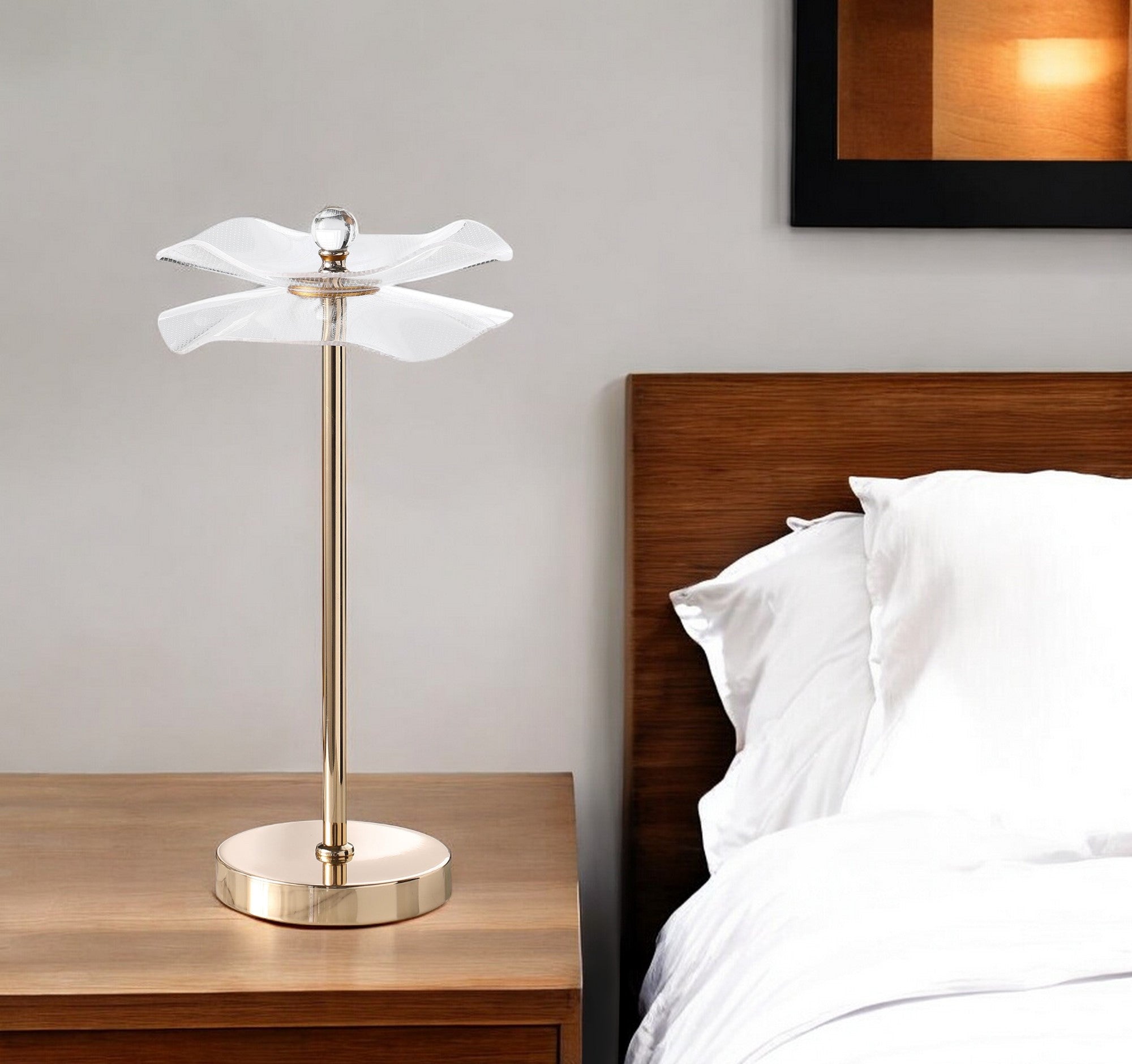 18 Gold Bedside LED Lamp With Clear Acrylic Novelty Wavy Shade