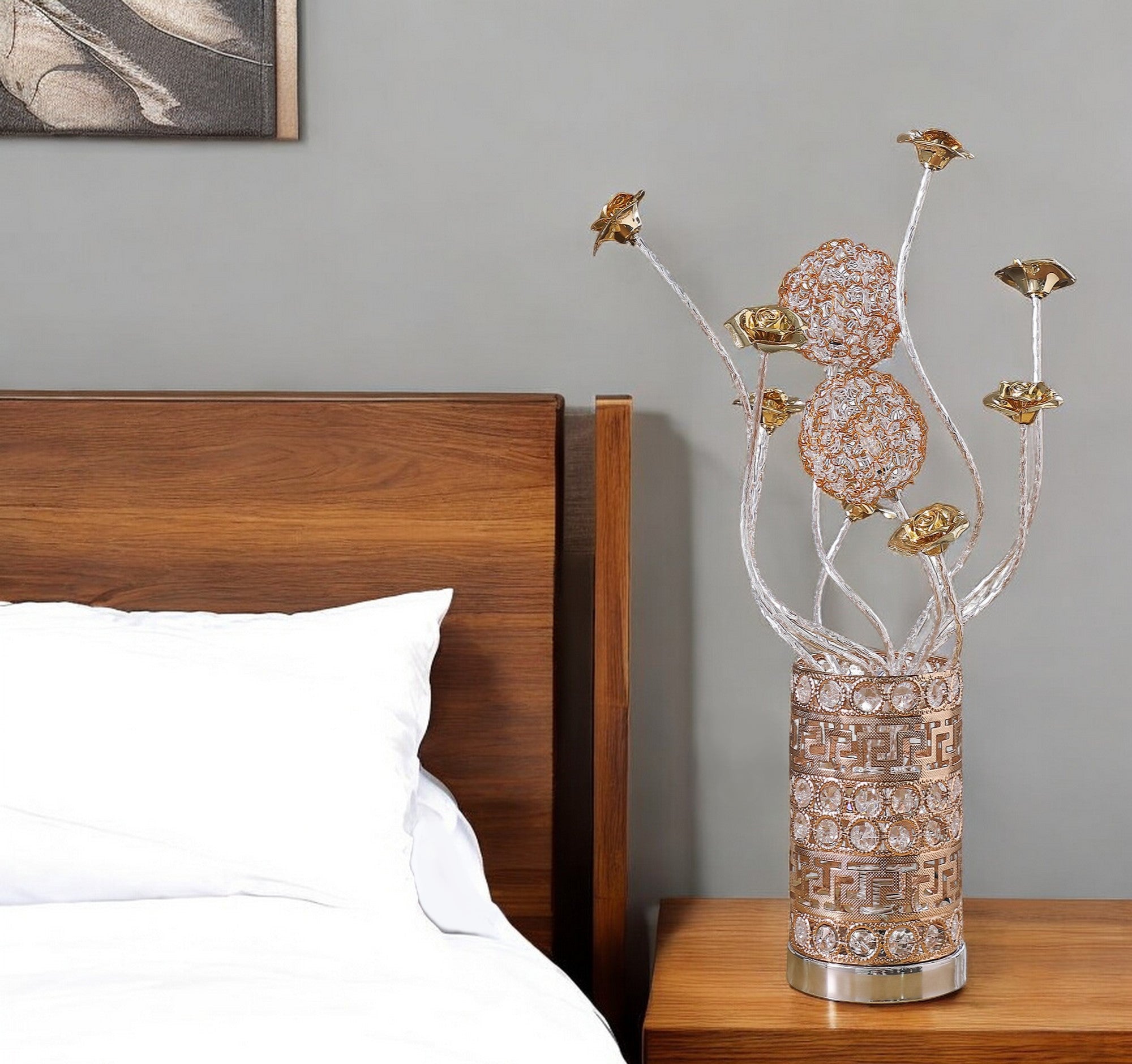22 Silver And Rose Gold Metal And Acrylic Flowers Bedside Lamp
