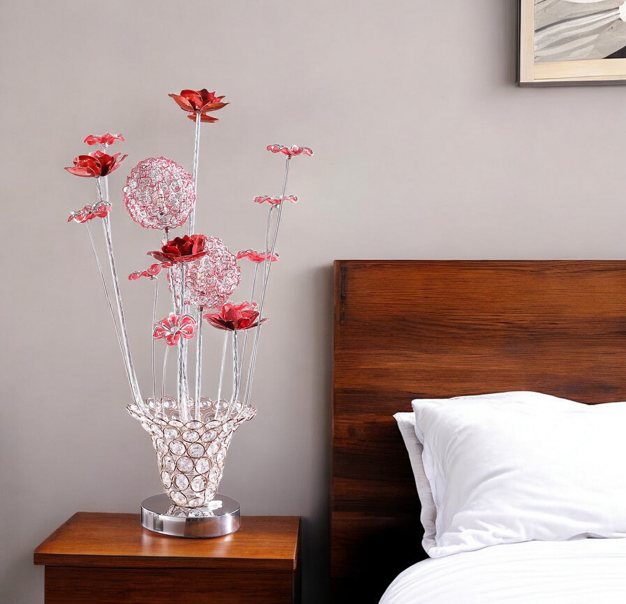 21 Silver and Clear Metal and Faux Crystal Red Roses Bedside Lamp