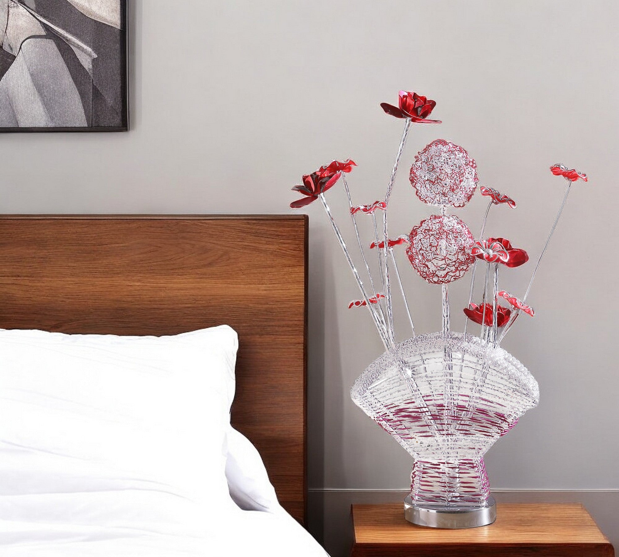 22 Silver and Clear Metal and Acrylic Red Rose Bedside Lamp