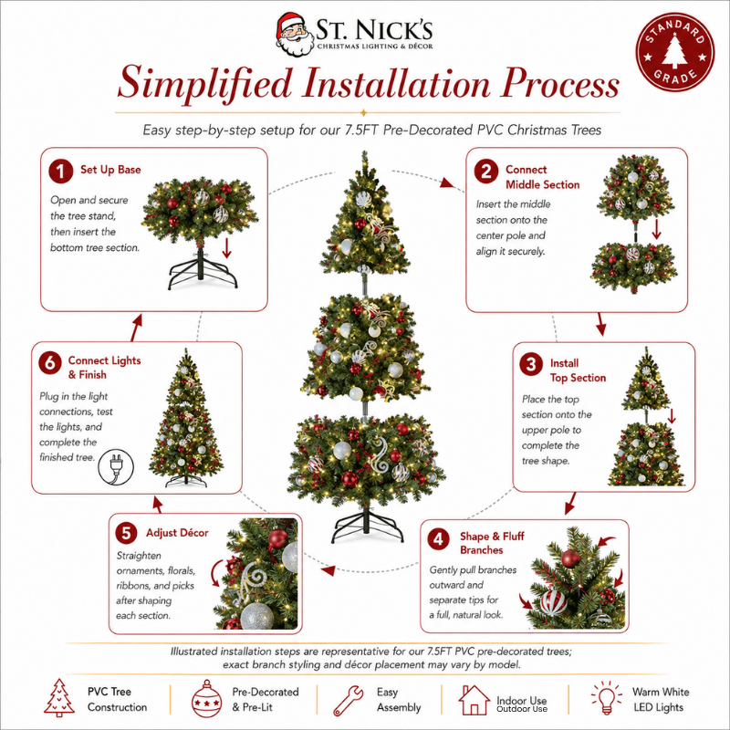 7.5FT Pre-Decorated PVC Christmas Tree Red/Gold/Burgundy