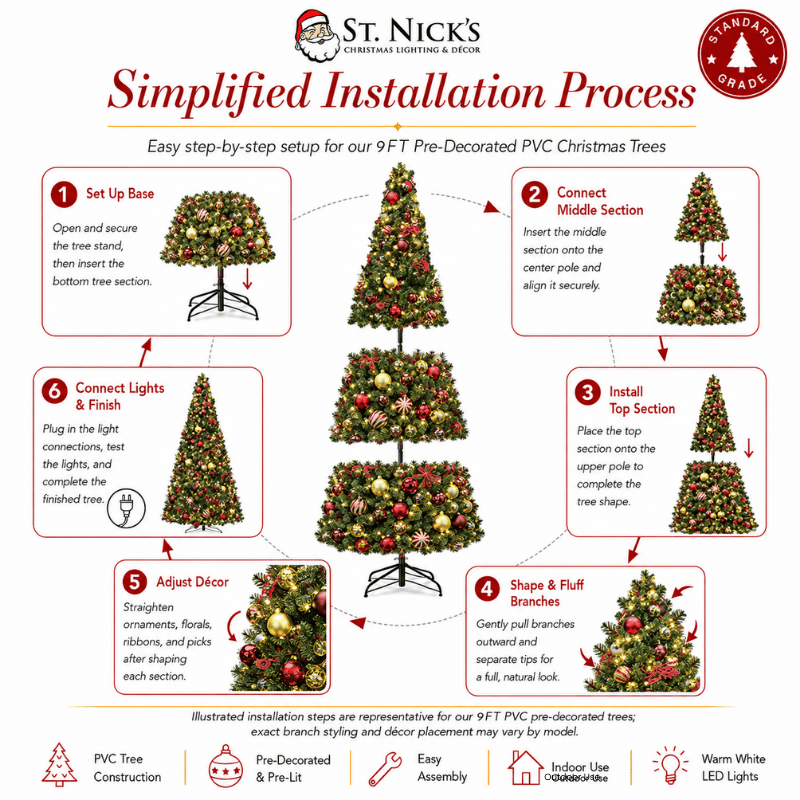 9FT Artificial Christmas Tree PVC Pre-Decorated Red Burgundy Gold Ornaments with Warm White Lights