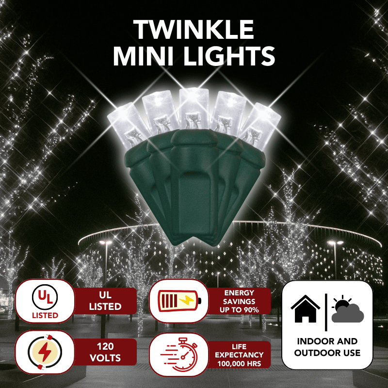 LED Mini Lights 5MM Cool White Twinkle Green Wire  6" Spacing