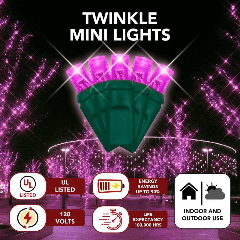 LED Mini Lights 5MM Pink Twinkle Green Wire - 6" Spacing