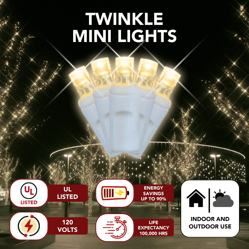 LED Mini Lights 5MM White Wire Warm White Twinkle 4:1 -6" Spacing