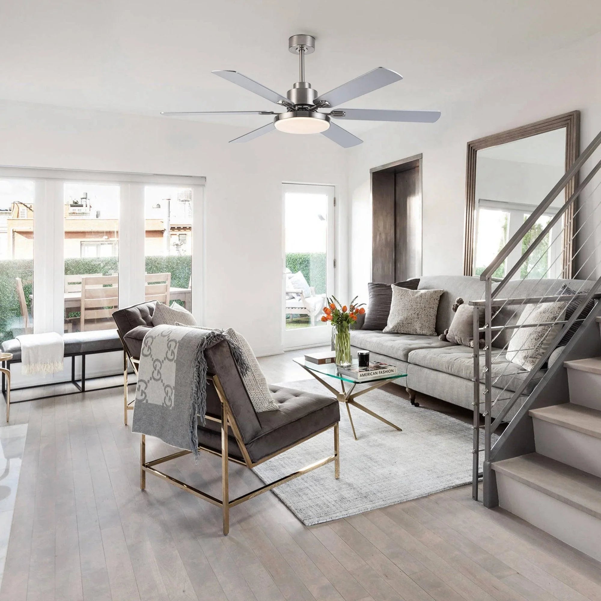 60" Modern Satin Nickel DC Motor Downrod Mount Reversible Ceiling Fan with Lighting and Remote Control