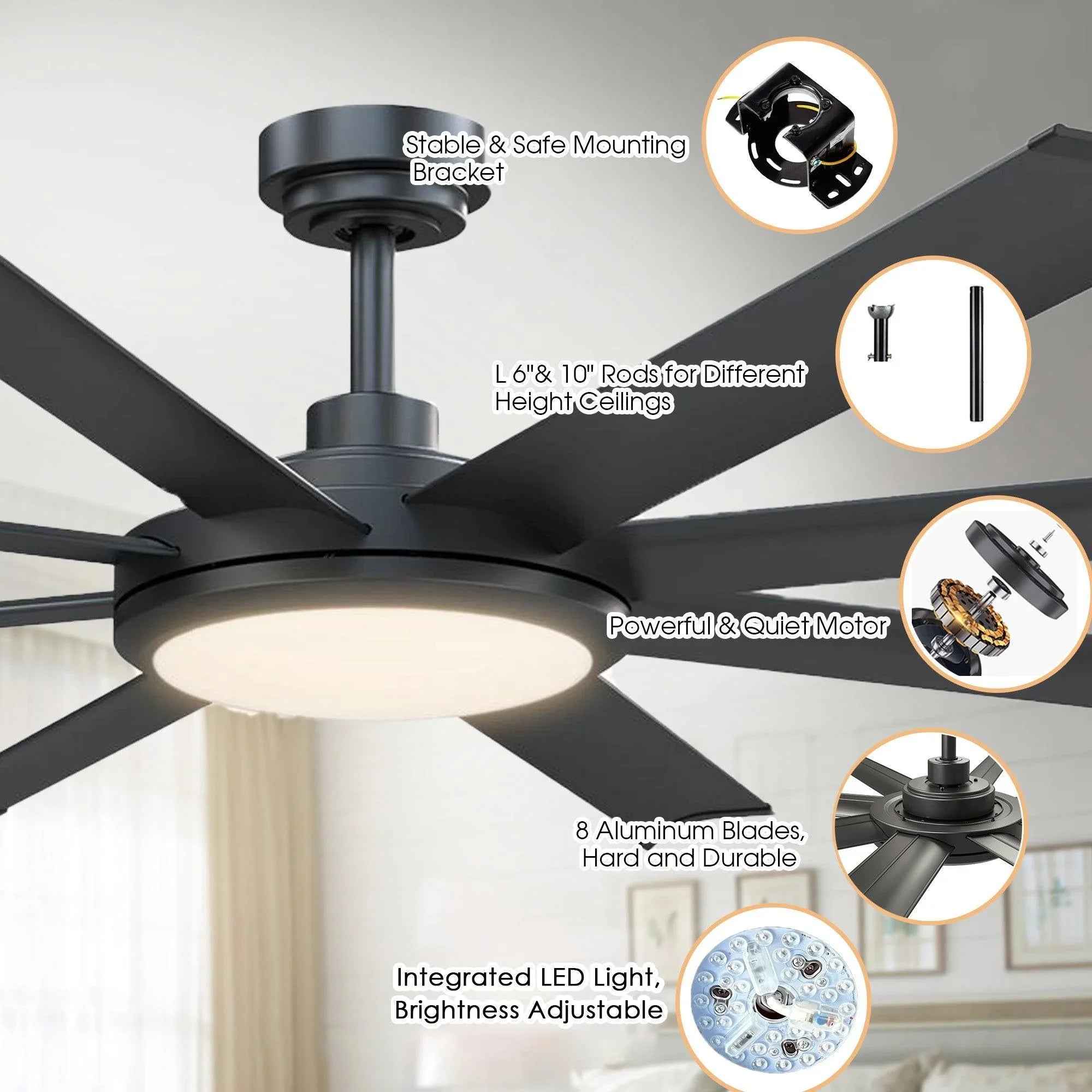 60" Black Led Indoor Ceiling Fan with Remote 8 Blade