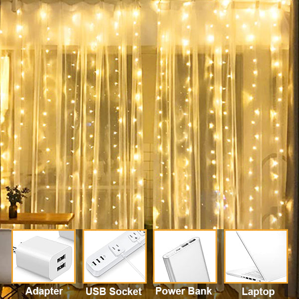 USB Fairy Curtain Lights Decorative Ambient Lighting with Remote 300 LED 9FT x 9FT