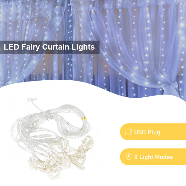 USB Fairy Curtain Lights Decorative Ambient Lighting with Remote 300 LED 9FT x 9FT