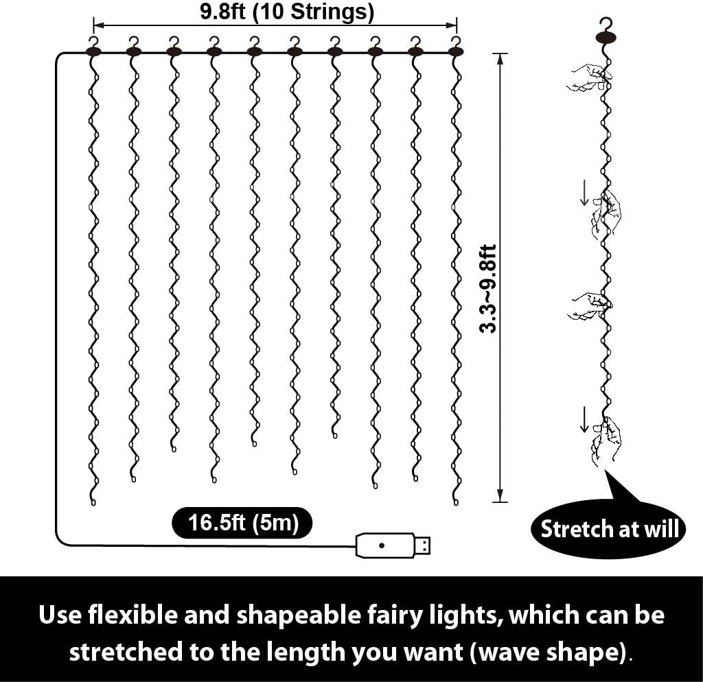 USB Fairy Curtain Lights Decorative Ambient Lighting with Remote 300 LED 9FT x 9FT
