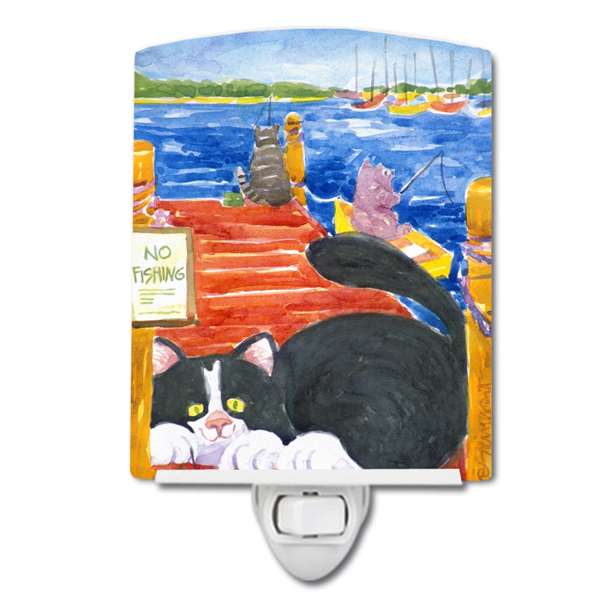  inchCarolines Treasures Cat Fishing from the dock Ceramic Night Light, 6x4, Multicolor inch