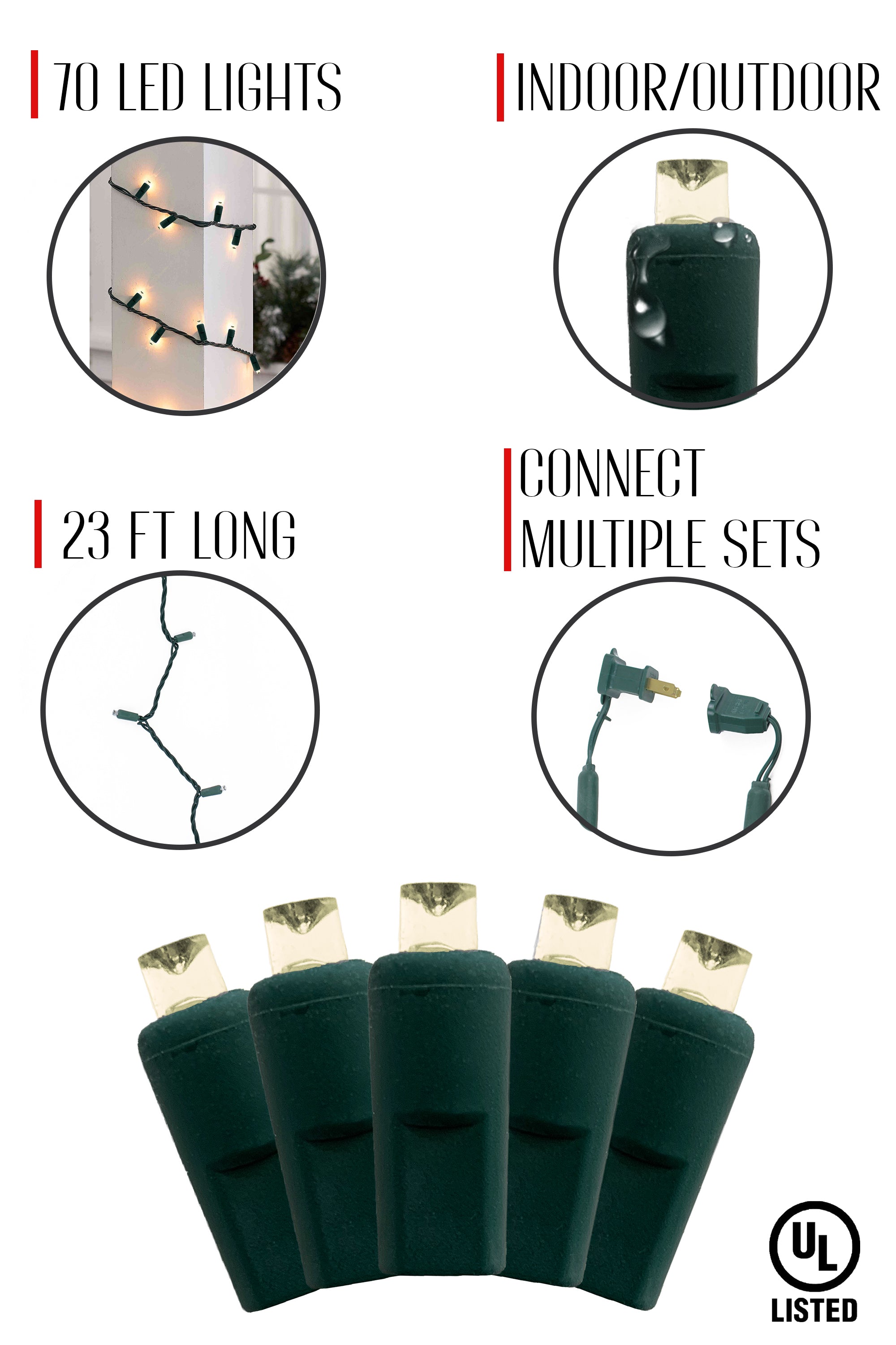 70 LED Indoor/Outdoor Wide Angle 5MM LED Green Cable Christmas String Lights - Warm White