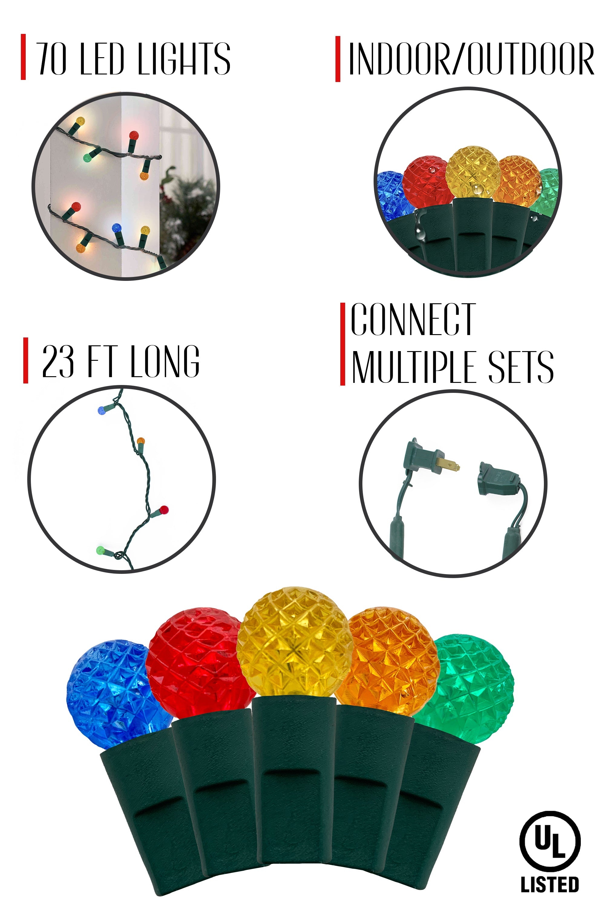 70 LED Indoor/Outdoor G12 Round Bulb Green Cable Christmas String Lights - Multicolor