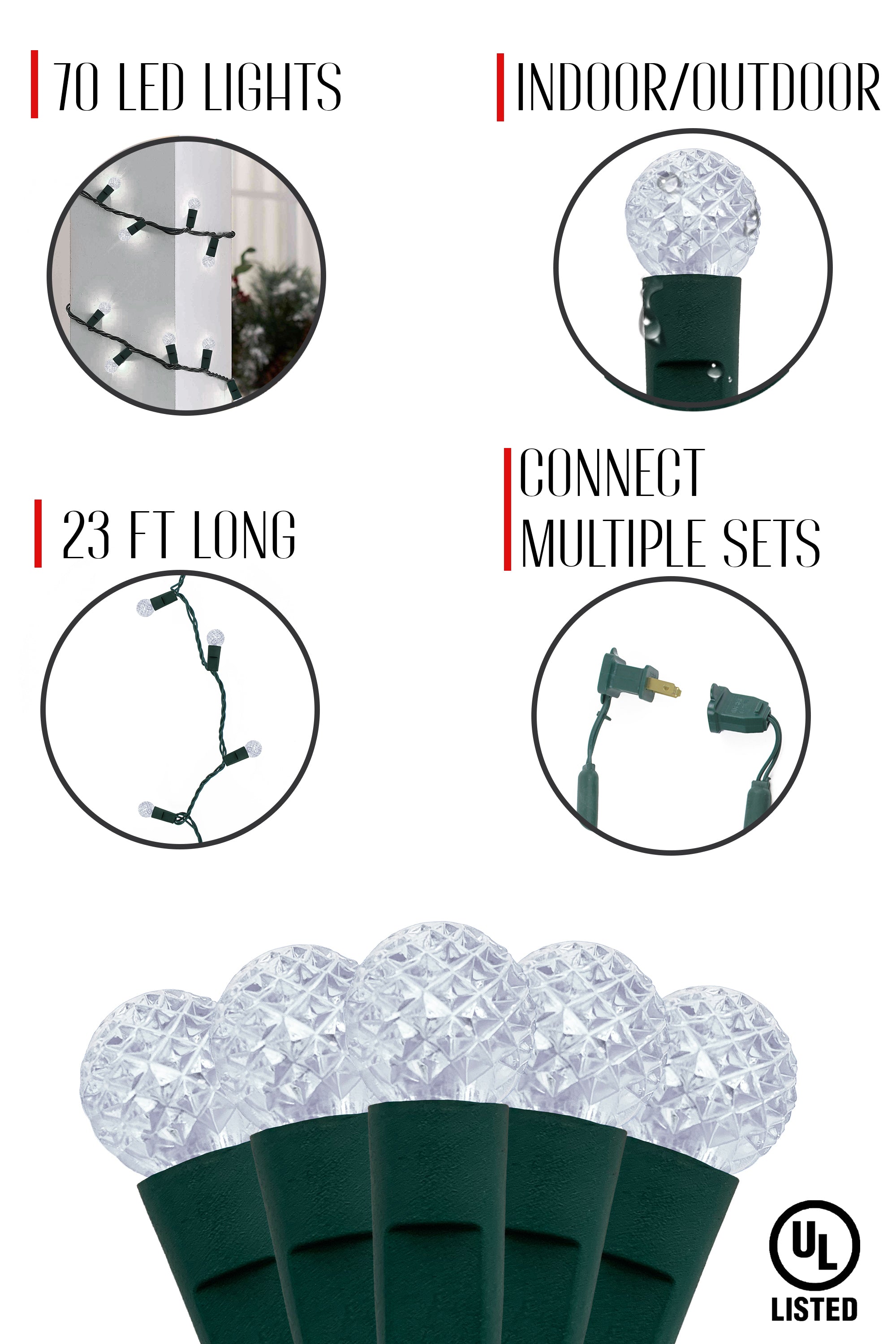 70 LED Indoor/Outdoor G12 Round Bulb Green Cable Christmas String Lights - Cool White