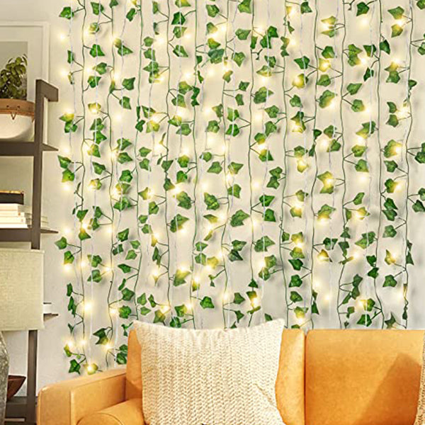 66LED Ivy Leaf Curtain String Lights 3ft x 5ft Battery Operated Warm White