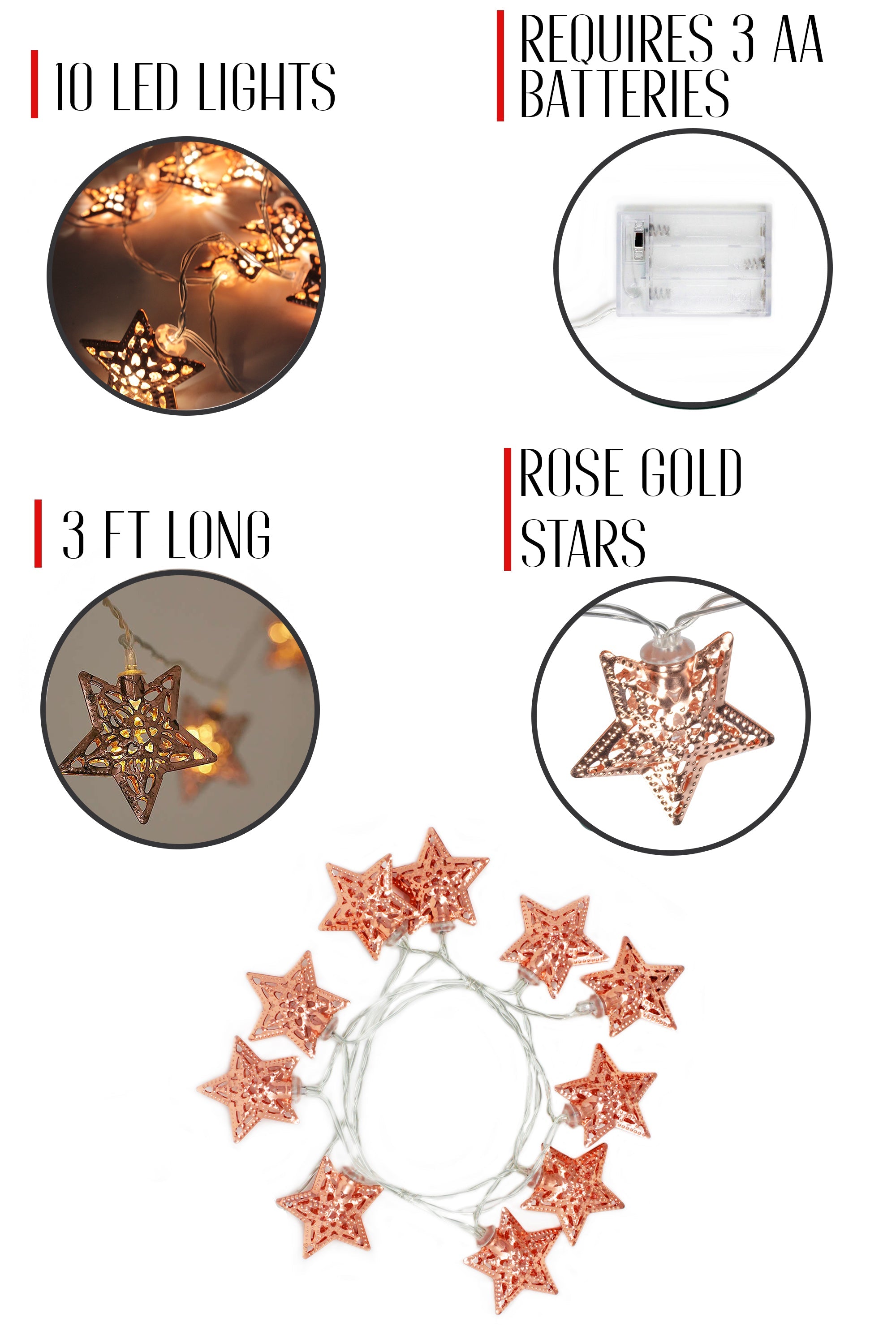 10 LED String Light with Rose Gold Small Metal Star Battery Operated -Warm White
