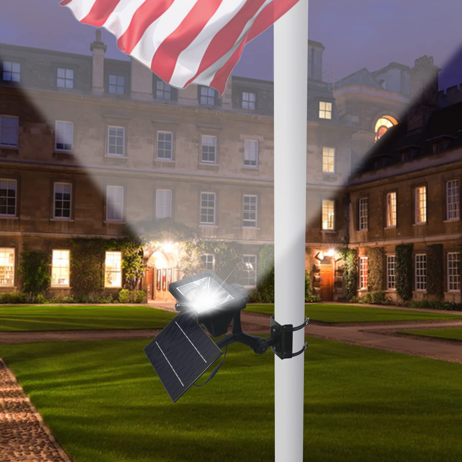 600W Aluminum Flag Pole Light Solar Powered 12 Ultra Bright LED 6000K White Adjustable Metal Clamp Fits 2-6" Diameter Flagpoles Outdoor Dusk to Dawn 100% Coverage Lights Black